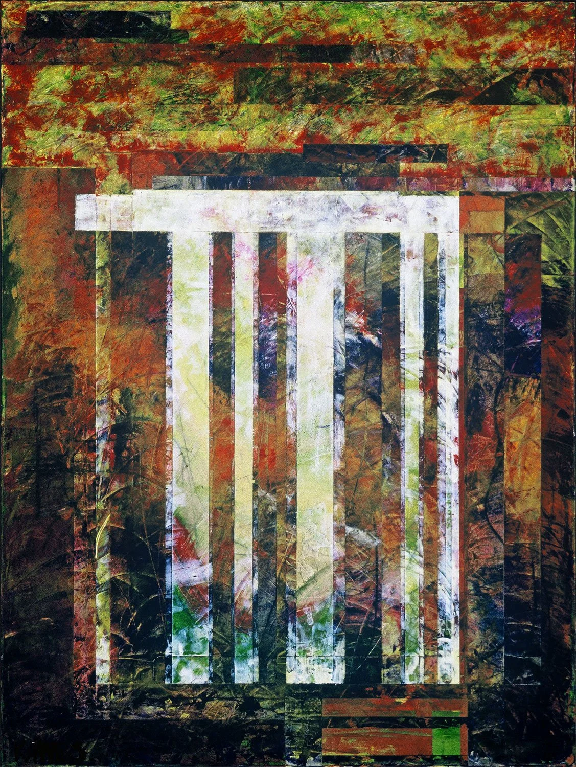Abstract artwork with vertical white and dark lines on a multicolored background of red, green, brown, and black textures.