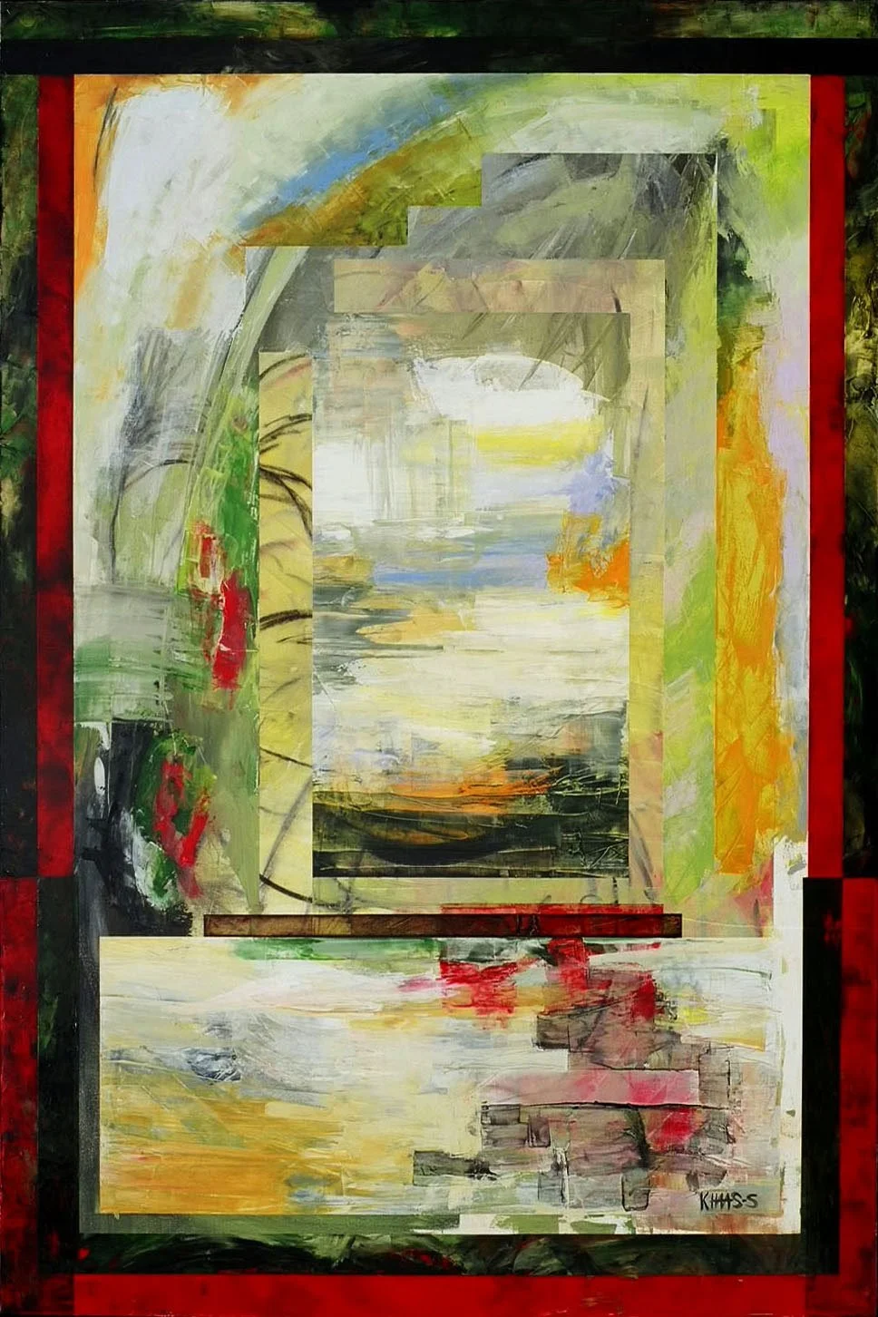 Abstract painting with vibrant colors including green, yellow, orange, black, gray, and red, featuring layered geometric and brushstroke patterns.