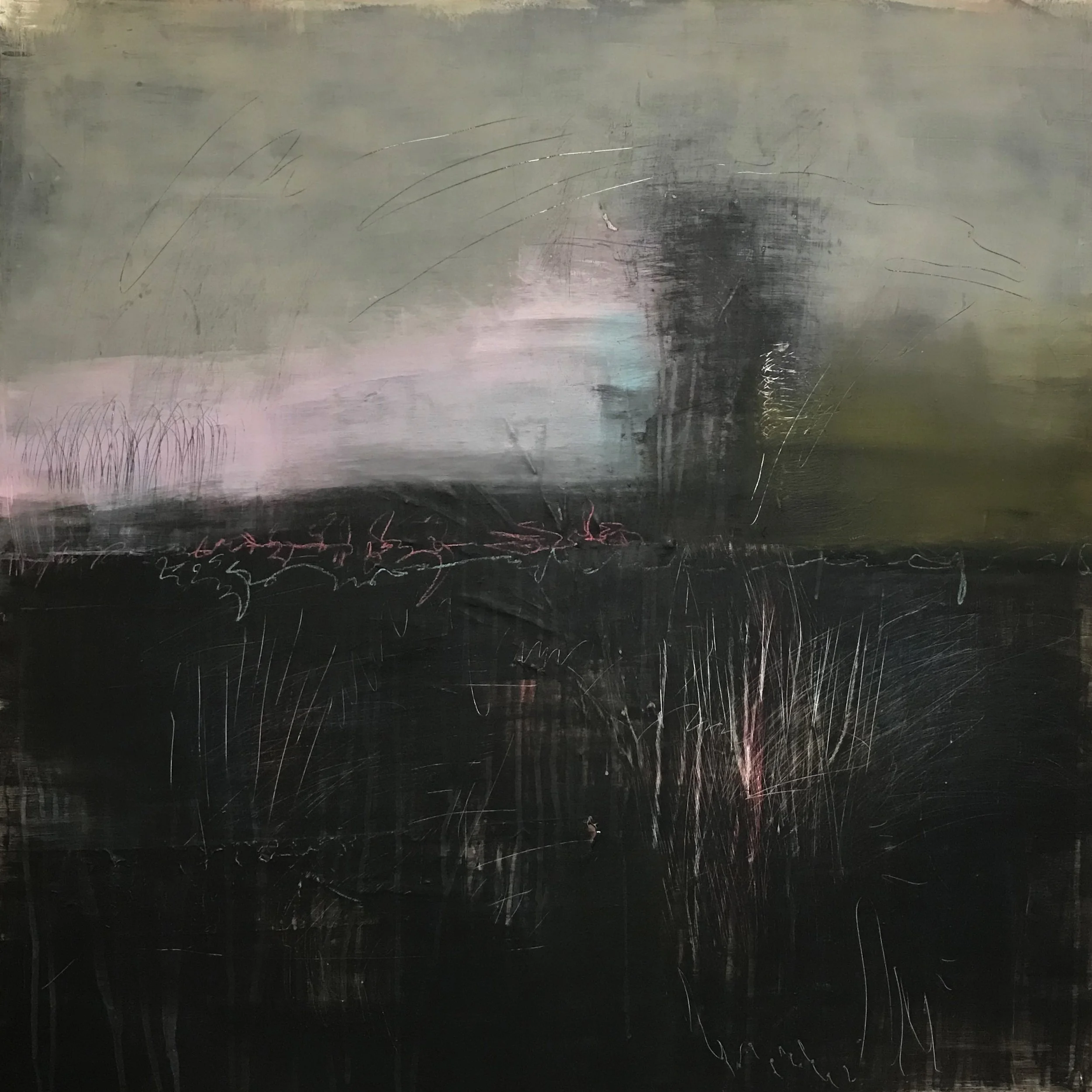 The Breath Of Memory, The Breath Comes Softly To Me, 36" x 36,"  Acrylic, Ink, Pastel, Wax, Impasto, AcrylPro, Tape On Canvas, 2025