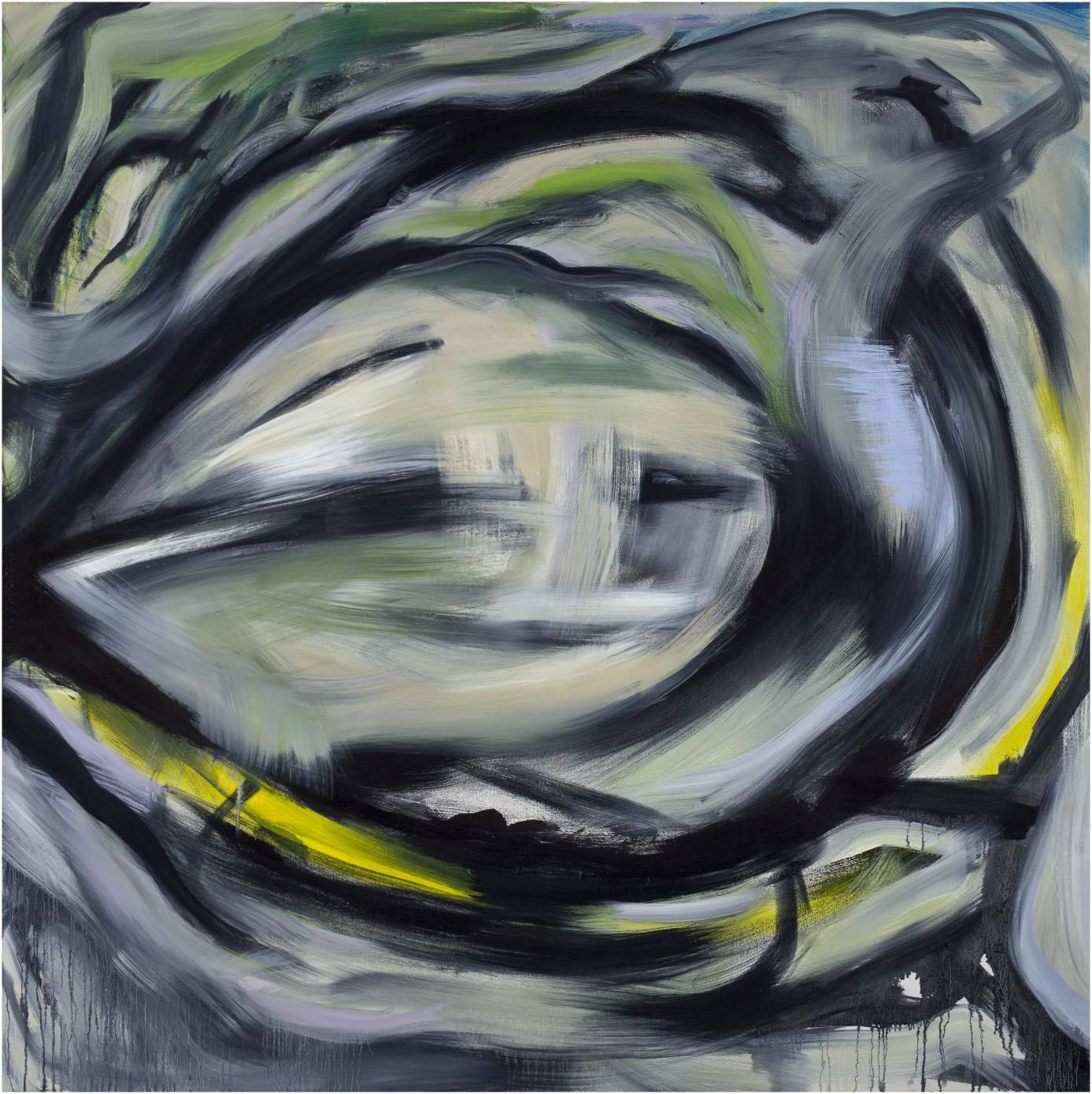 Abstract painting with swirling black, white, gray, green, and yellow brushstrokes.