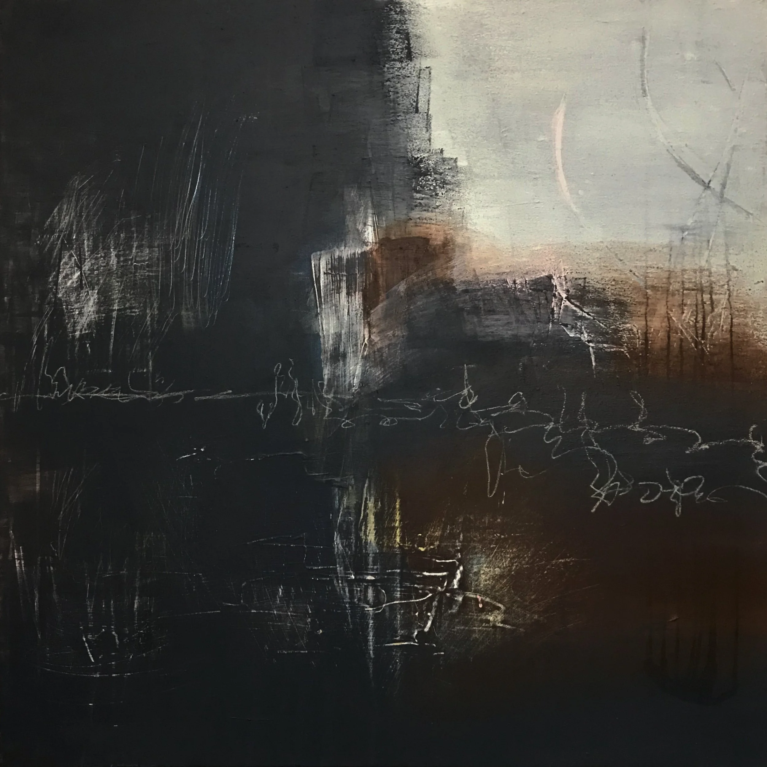 The Breath Of Memory, The Breath Comes In The Fracture Of Time, 36" x 36,"  Acrylic, Ink, Pastel, Wax, Impasto, AcrylPro, Tape On Canvas, 2025