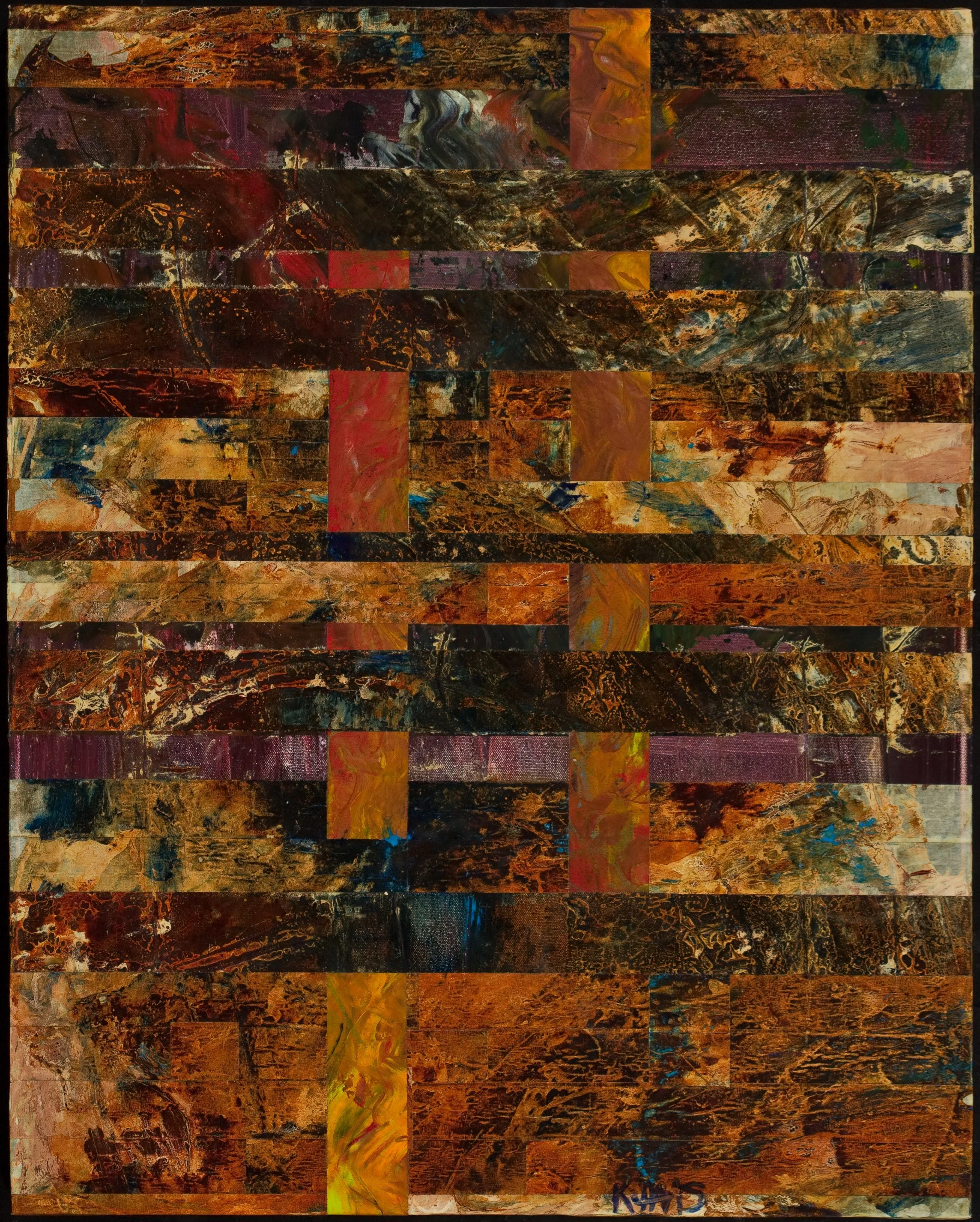 An abstract painting with horizontal stripes and vertical color blocks in warm earth tones, featuring textured patterns and swirling brushstrokes.