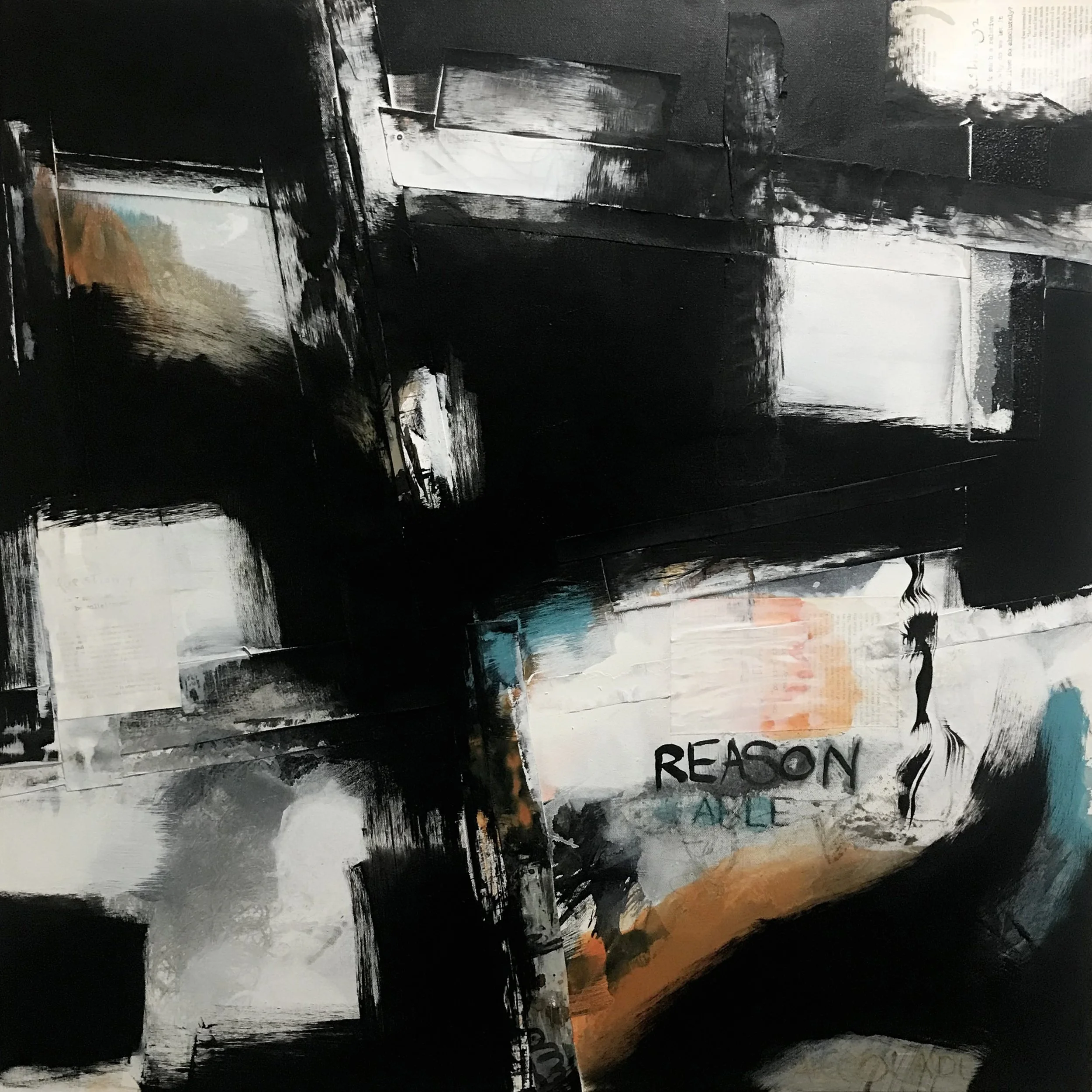 Do Not Bend Me, Disjointed Reality, 36" x 36,"  Oil, Acrylic, Ink, Graphite, Mixed Media Paper On Canvas, 2024