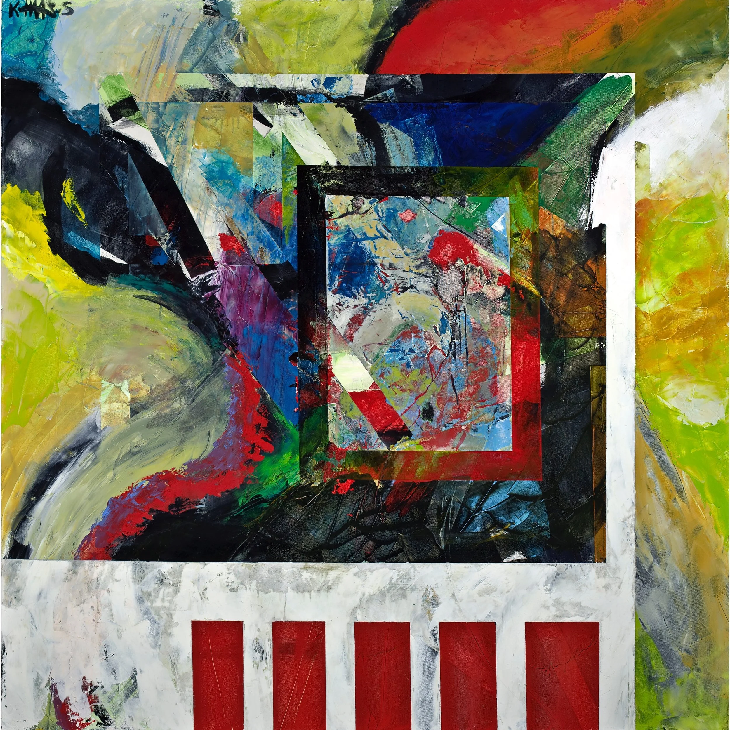 Abstract colorful painting with geometric shapes and vibrant brushstrokes, featuring red, green, blue, yellow, white, and black hues.