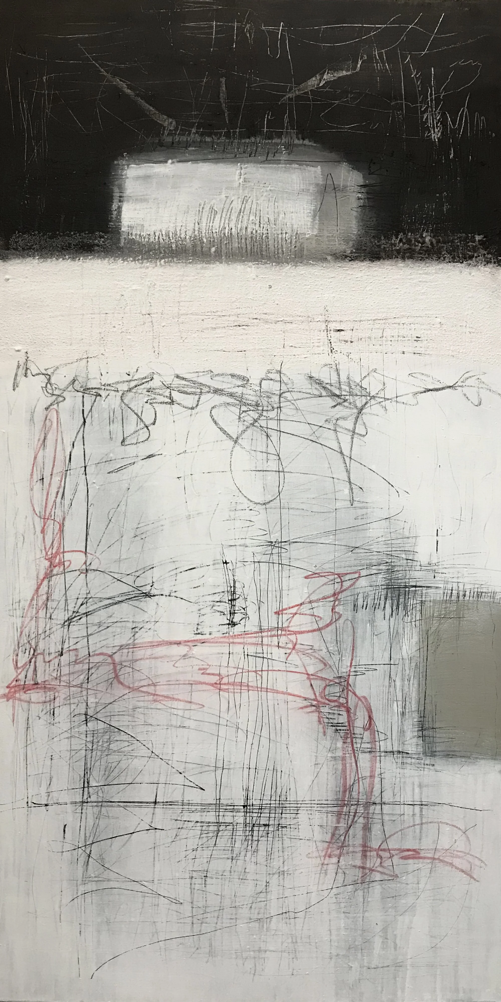 The Breath Of Memory, My Memory Awaits The Breath, 48" x 24,"  Acrylic, Ink, Wax, Impasto, Acrylpro, Charcoal, Pastel On Canvas, 2026