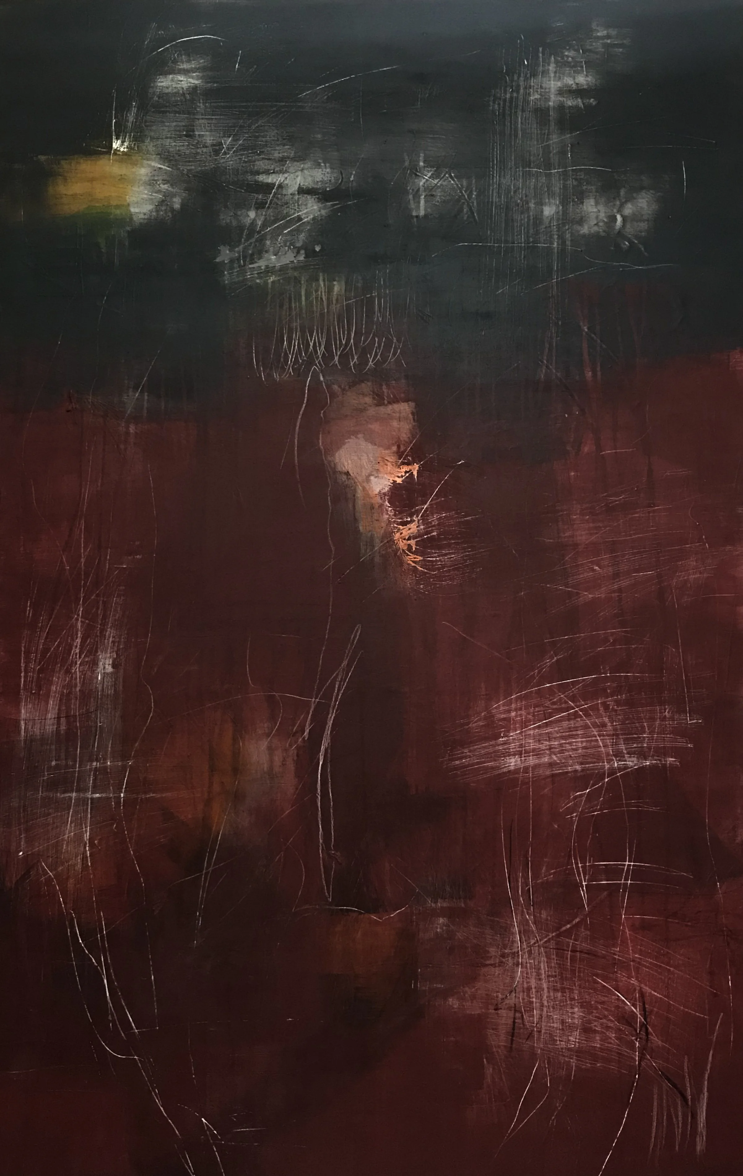 The Breath Of Memory, Inside Memory, 48" x 30,"  Acrylic, Pastel, Wax, Impasto, AcrylPro, Tape On Canvas, 2025