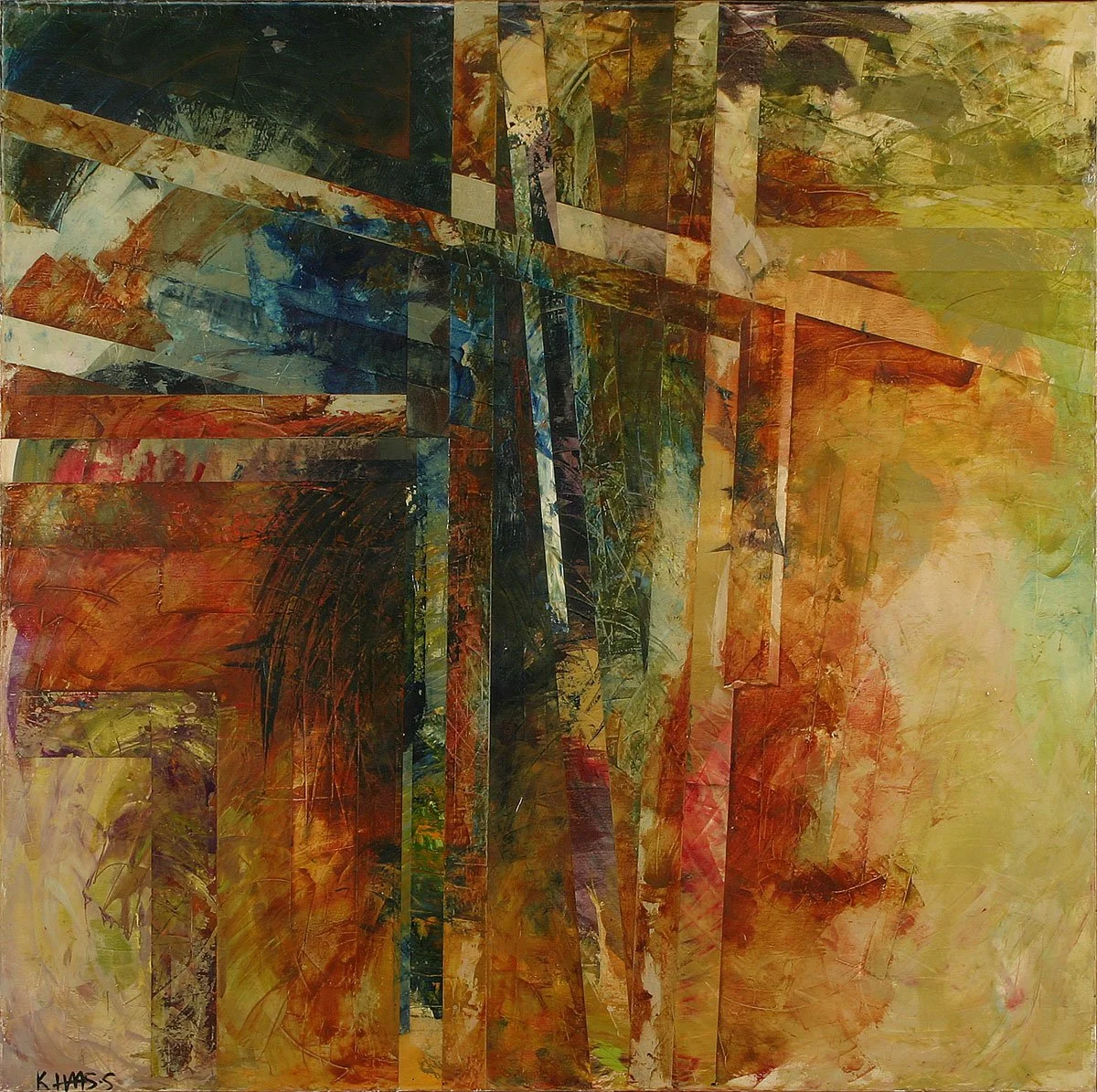 Abstract painting with intersecting geometric shapes and bold, layered brushstrokes in earthy tones of red, orange, yellow, green, and blue.