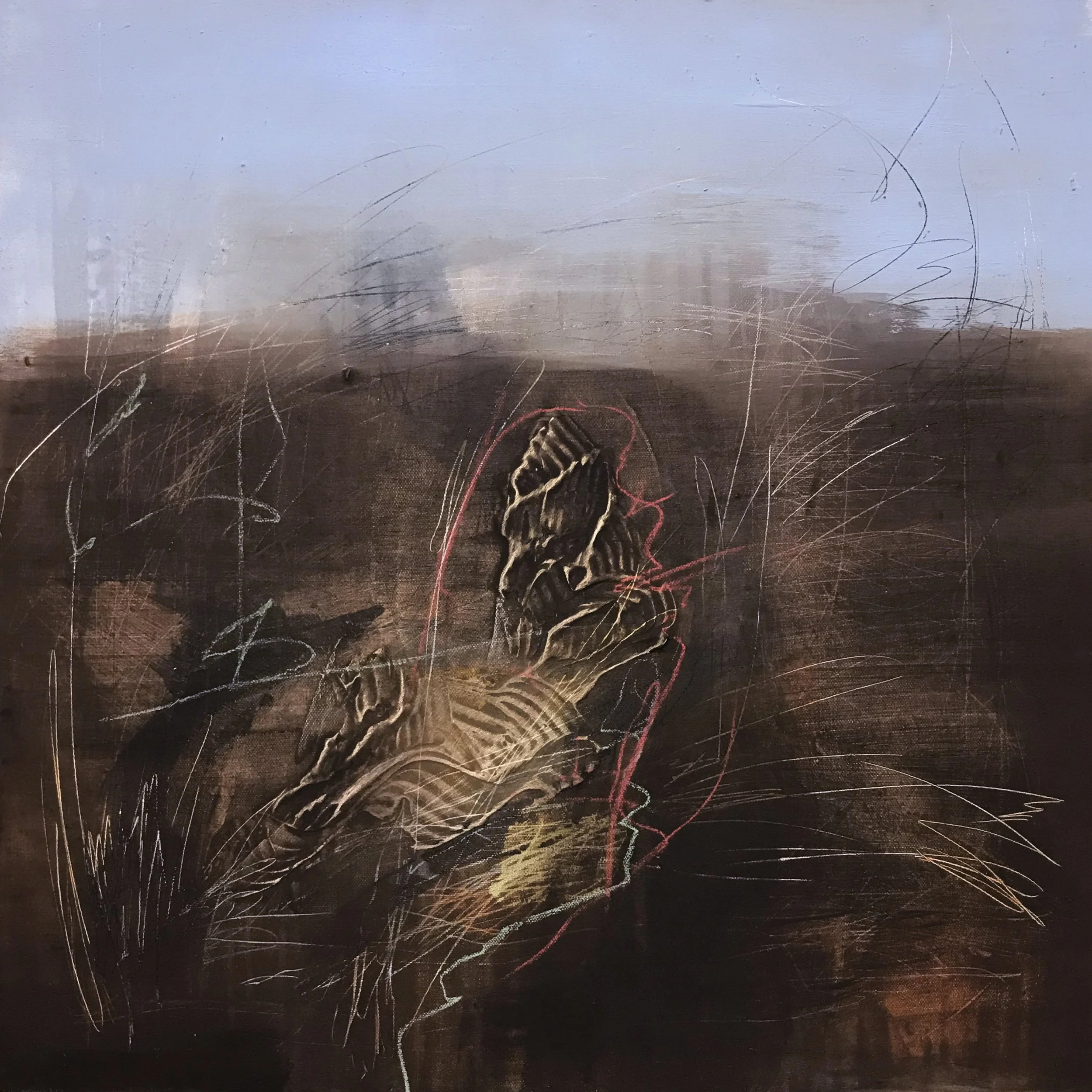 The Breath Of Memory, Memory Awaits Time, 24" x 24,"  Acrylic, Ink, Pastel, Wax, Impasto, AcrylPro, Tape On Canvas, 2025