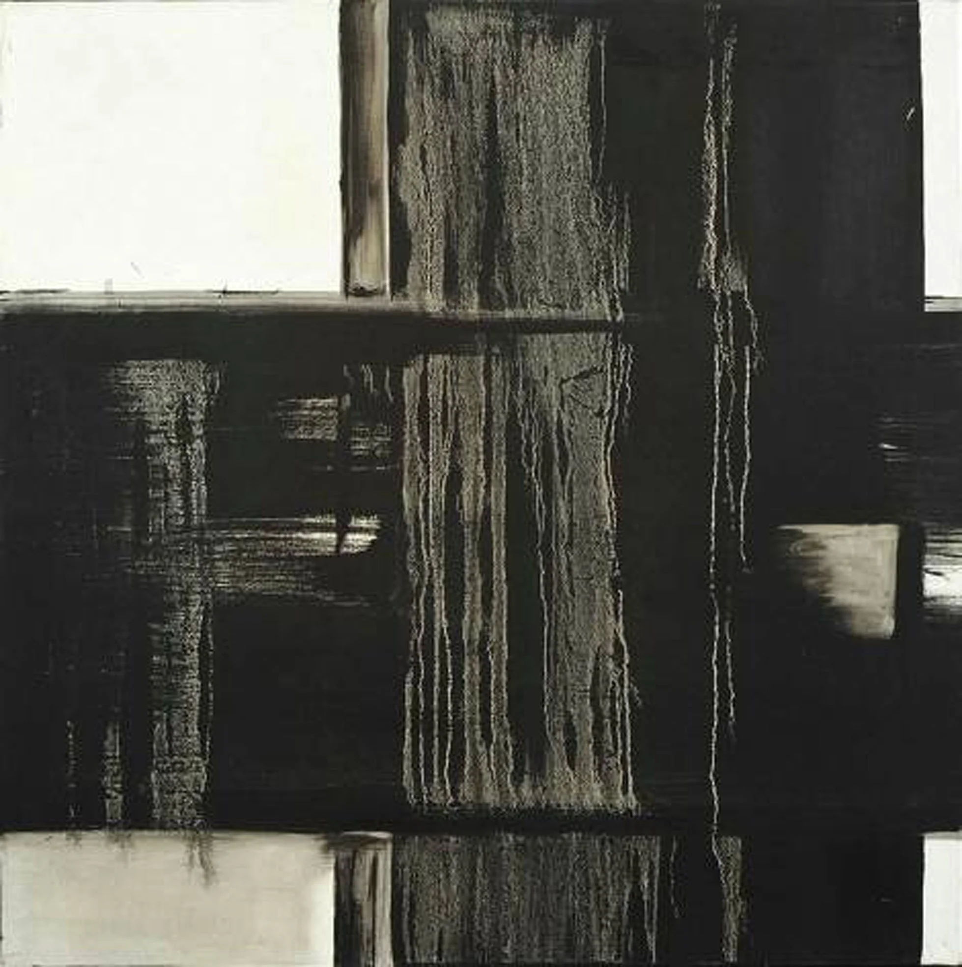 Abstract artwork with vertical black, gray, and beige textured lines on a light background.