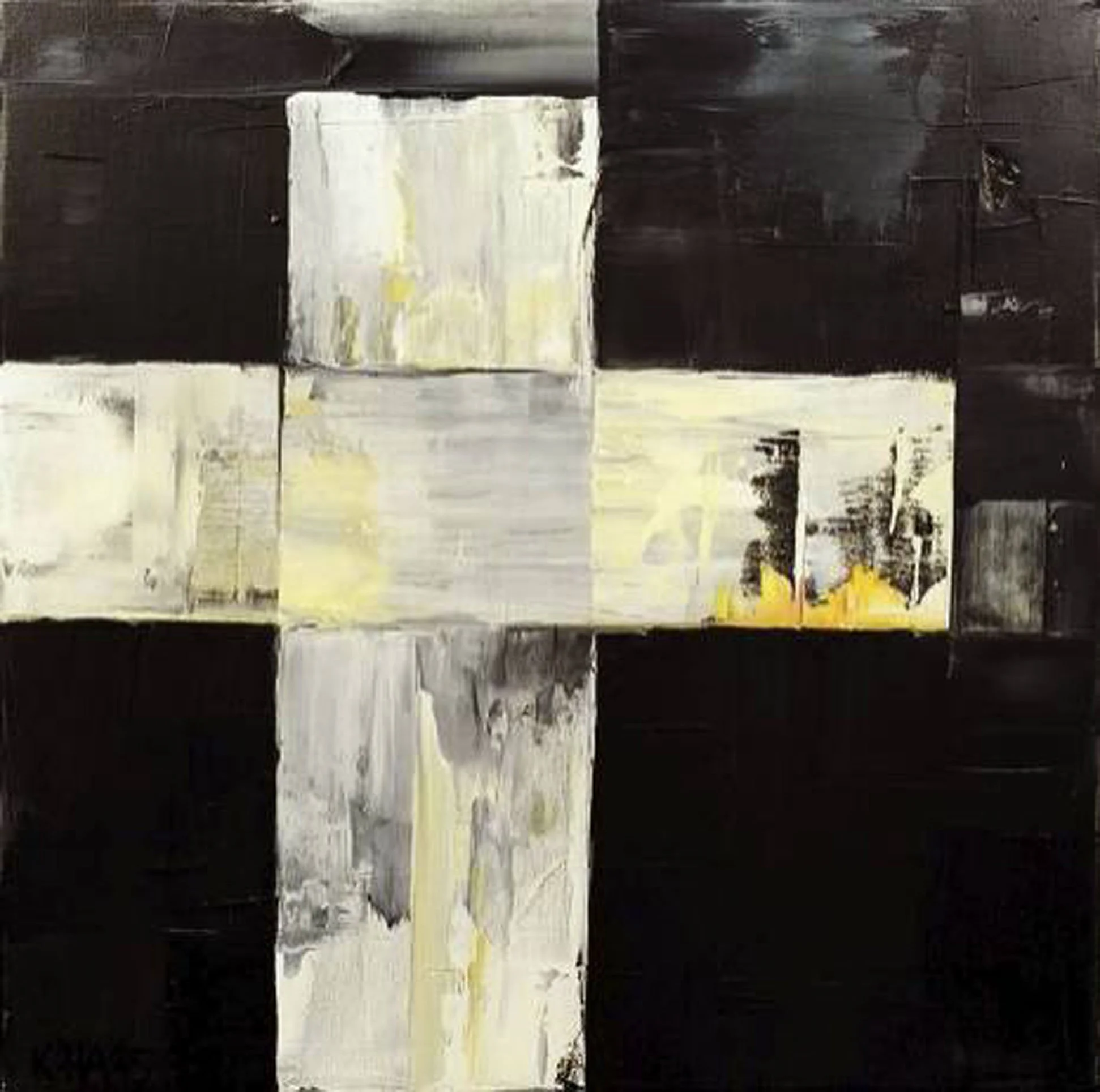 An abstract painting with black, white, gray, and touches of yellow, arranged in a cross pattern with different textures and brushstrokes.