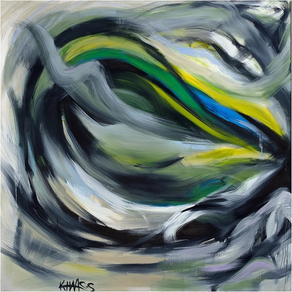 An abstract painting featuring swirling black, white, gray, green, blue, and yellow brushstrokes.
