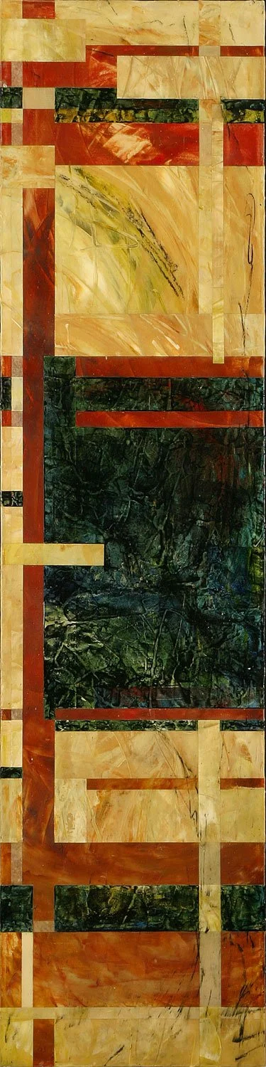 Vertical abstract artwork with a geometric pattern in shades of red, green, yellow, and beige.