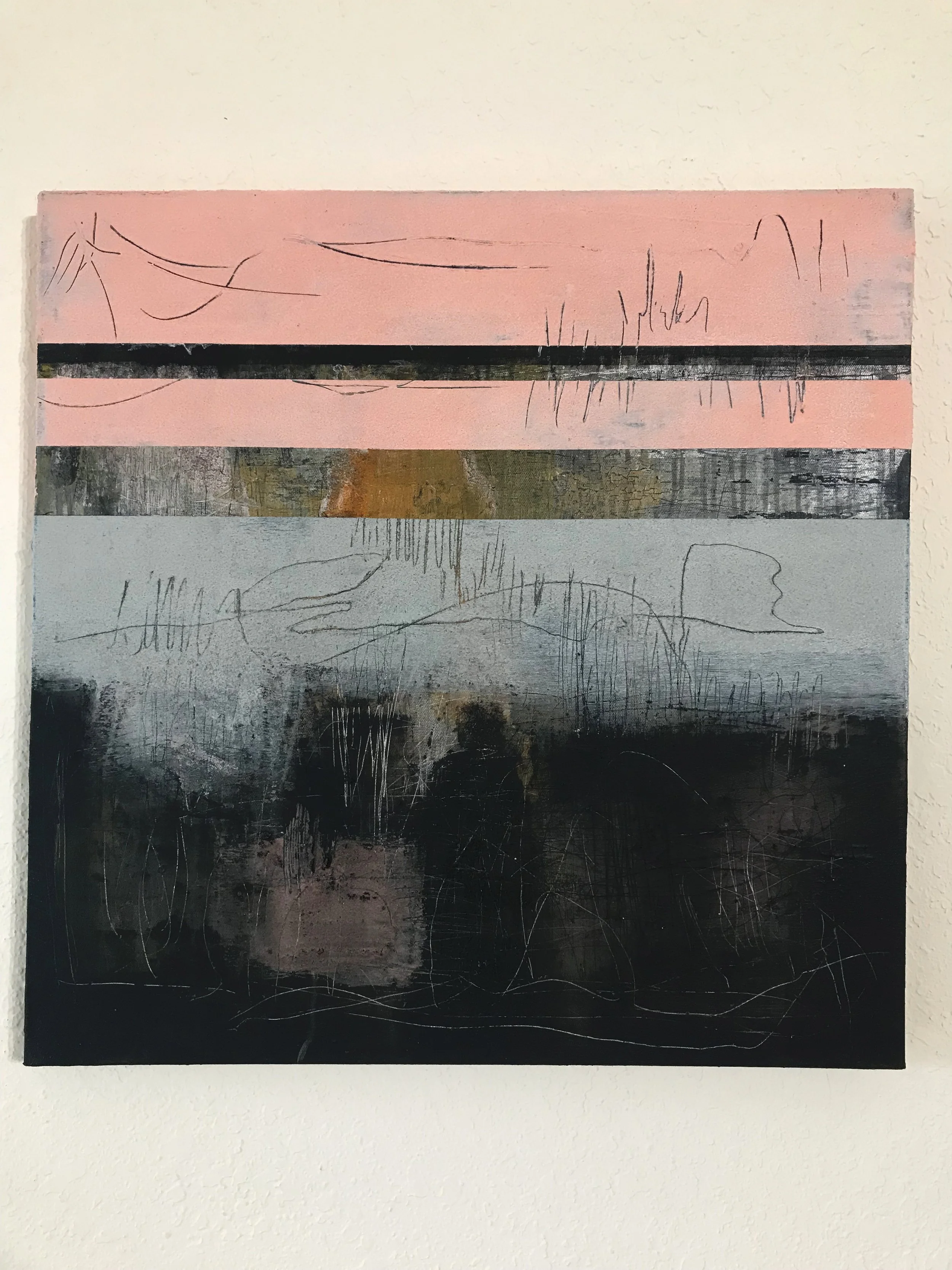 The Breath Of Memory, The Breath Begins Again, 24" x 24,"  Acrylic, Ink, Wax, Impasto, Acrylpro, Charcoal On Canvas, 2026