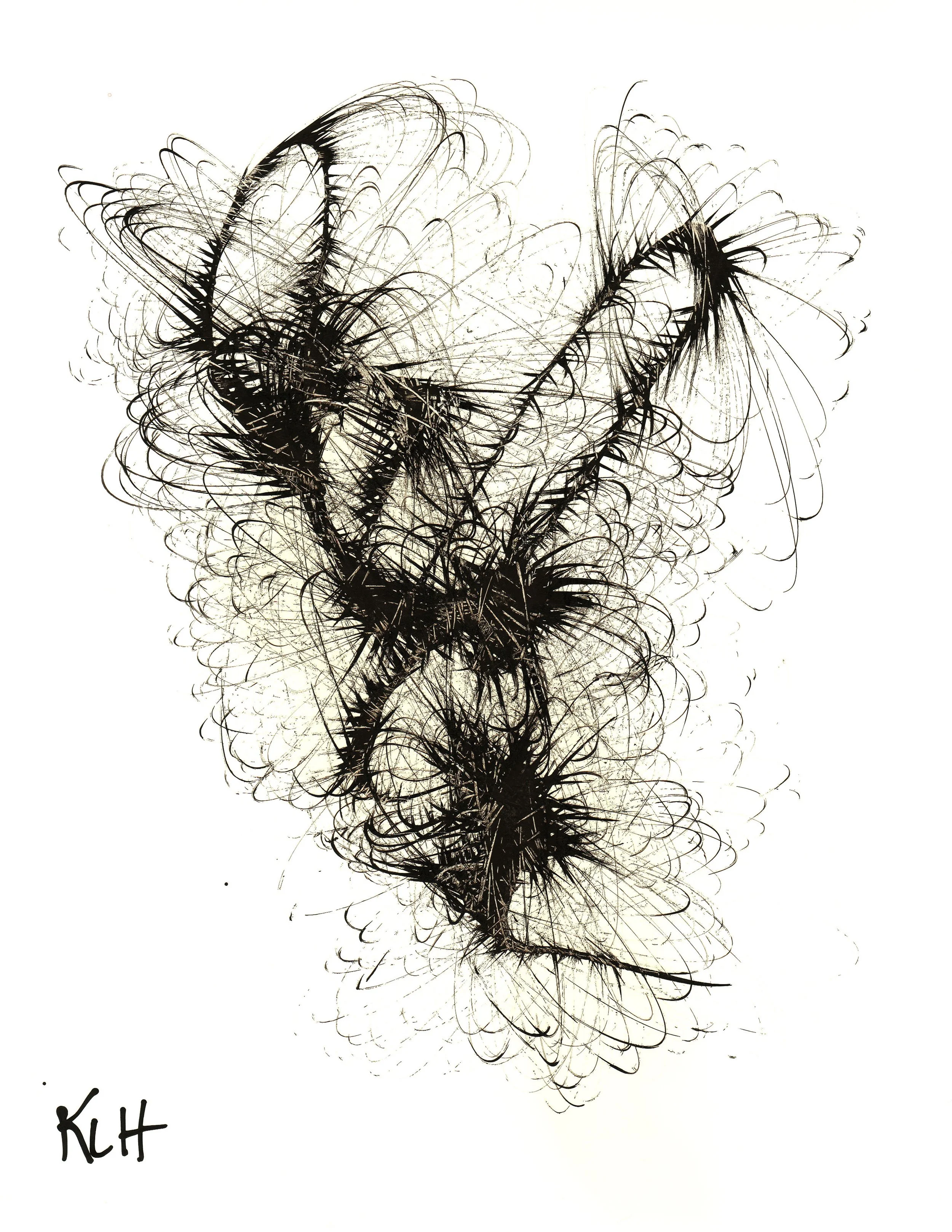 Abstract black ink drawing on white background with intricate swirling lines, signed with initials 'KH'. 
