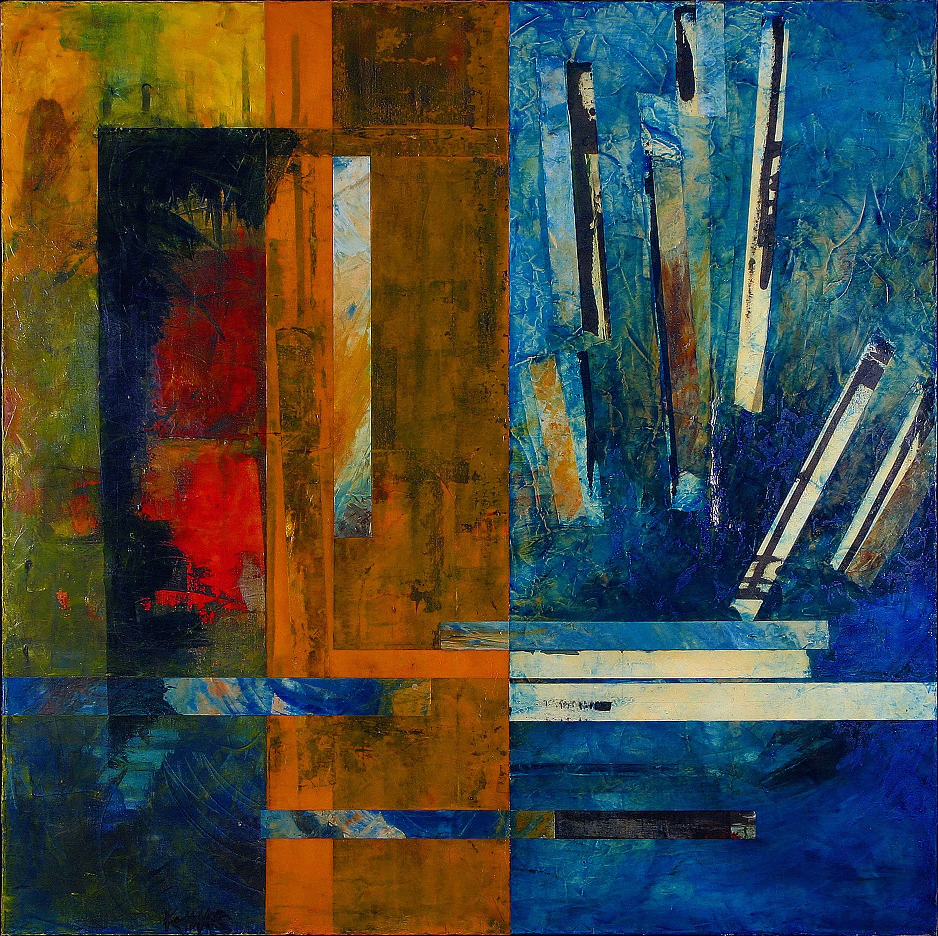 Abstract painting with geometric shapes in warm colors on the left and cool colors on the right, featuring vertical and horizontal lines and textured surfaces.