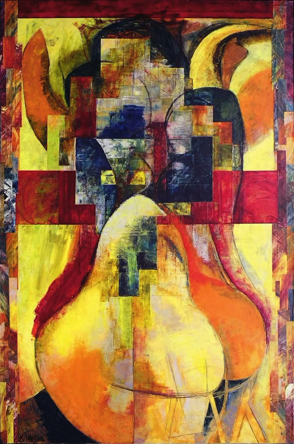 Abstract artwork featuring vibrant colors and geometric shapes, with a central figure suggesting a stylized human face and body, rendered in warm tones of red, orange, yellow, and dark blue.