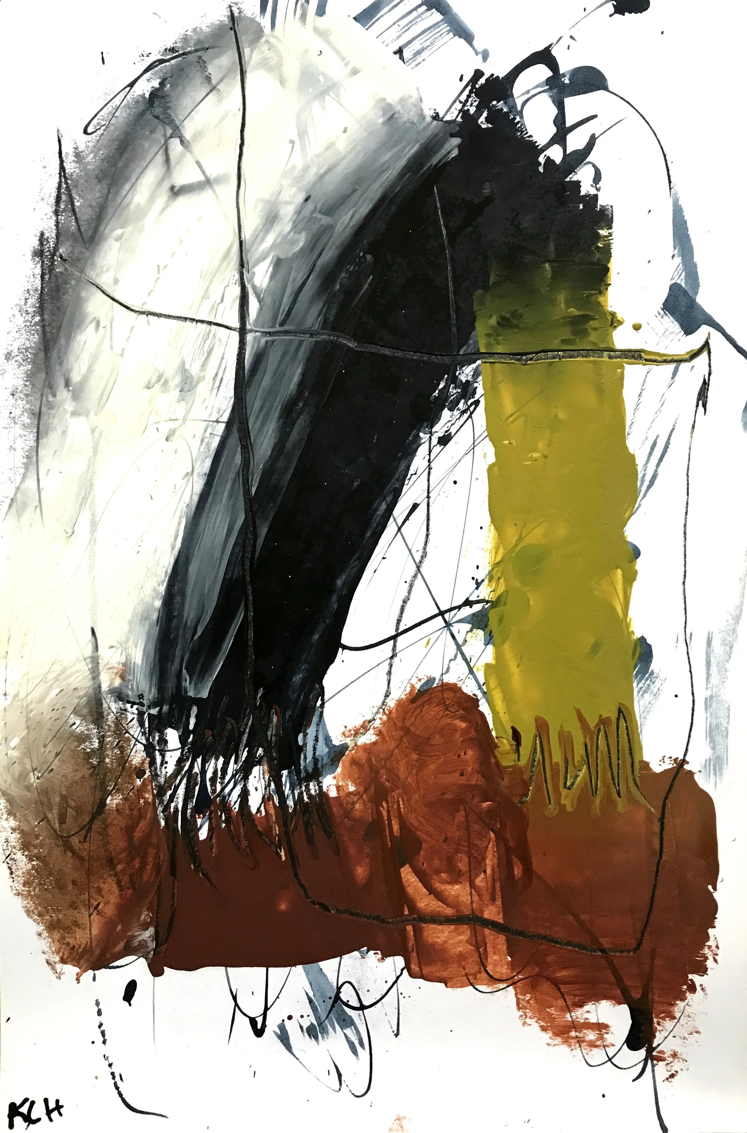 Abstract painting with bold black brushstrokes, a yellow rectangle, brown and reddish-orange areas, and black ink scribbles with some grayish and white background.