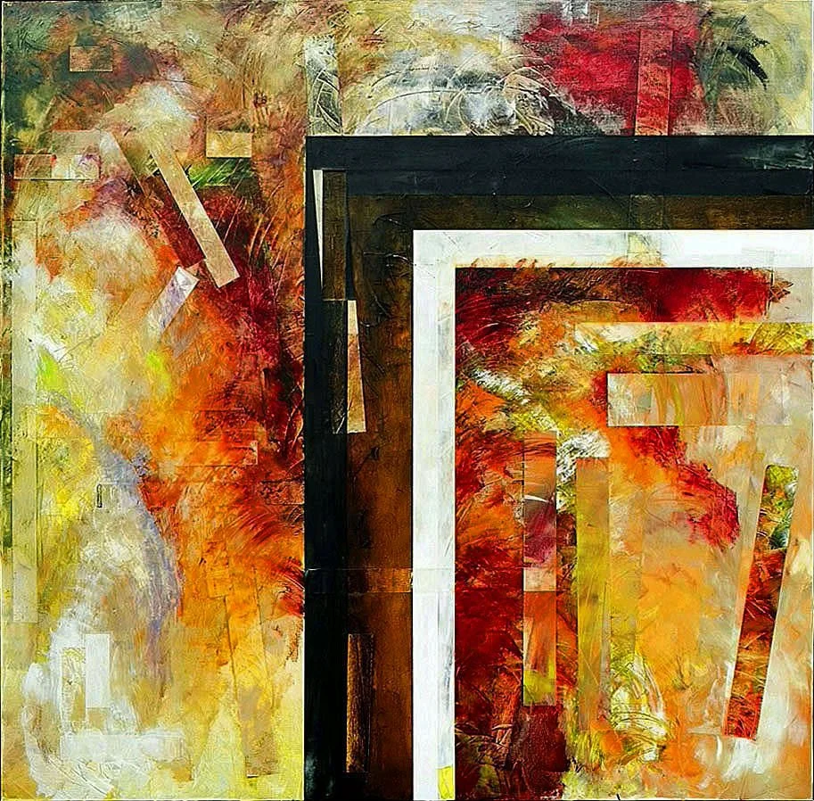 Abstract painting with warm colors like red, orange, yellow, and touches of white, black, and green, featuring layered geometric shapes and textures.