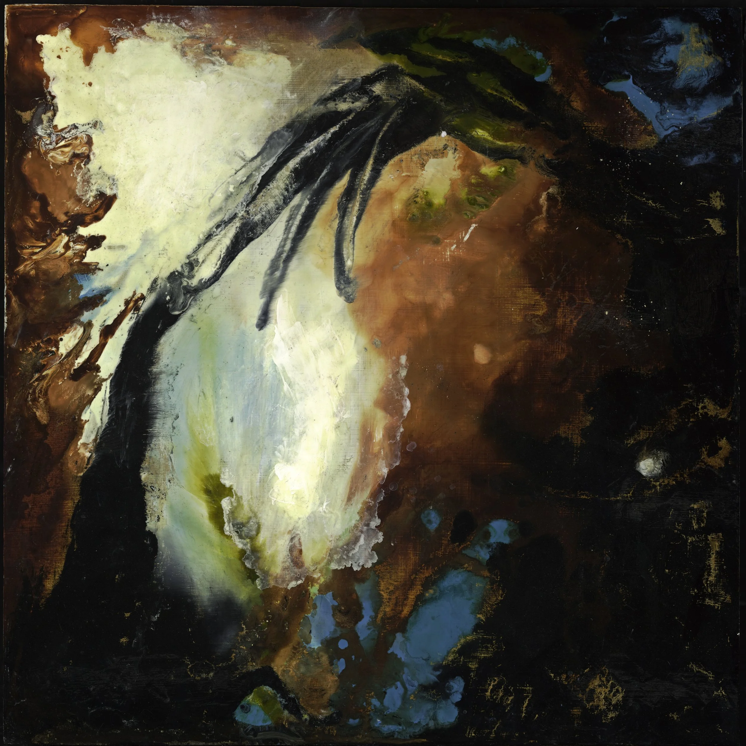 Abstract painting with dark background, vibrant orange, yellow, white, and blue splashes, and black streaks.