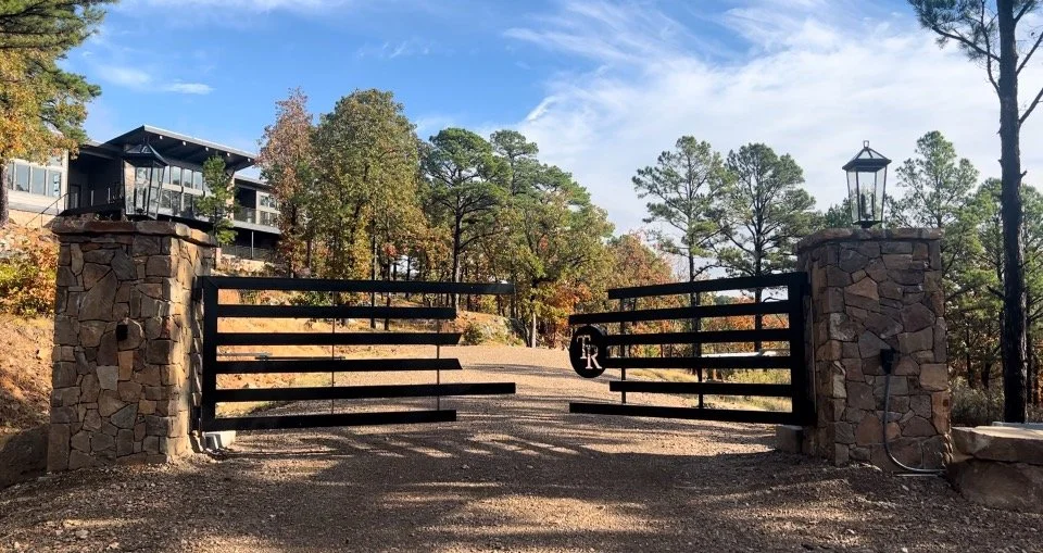 Gated entrance to Timber Ridge Estates, a private gated community near Dallas in SE Oklahoma
