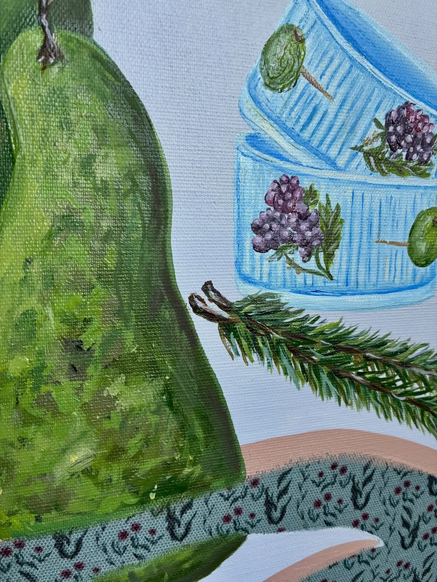 The close ups are a magic doorway to reveal the details not only the technique or layering, but also the light and shadows, as well as textures and hues. As much as I prefer to look at the work from a distance, taking close up pictures is somehow ver