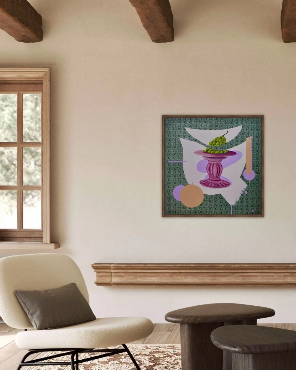 The Lost Era vol.15. A pretty lilac fruit holder and juicy grapes, paired with abstract shapes behind them, evoke a feeling of nostalgia and ease. Loving it in a rustic minimalist interior, just to drop a little bit of color and character. Available 