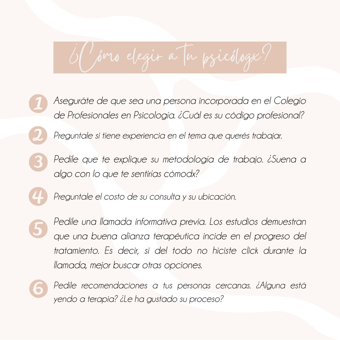 Elegir a tu psicoterapeuta puede ser abrumador. Hay muchas opciones, y muchas veces no sabemos ni qué buscar. ⠀⠀⠀⠀⠀⠀⠀⠀⠀
Aquí te dejo una lista de criterios que te pueden ayudar a reducir tus opciones.
⠀⠀⠀⠀⠀⠀⠀⠀⠀
Lo más importante es que confirmés 