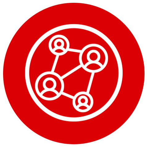 Icon with a network of connected user profiles inside a red circle.