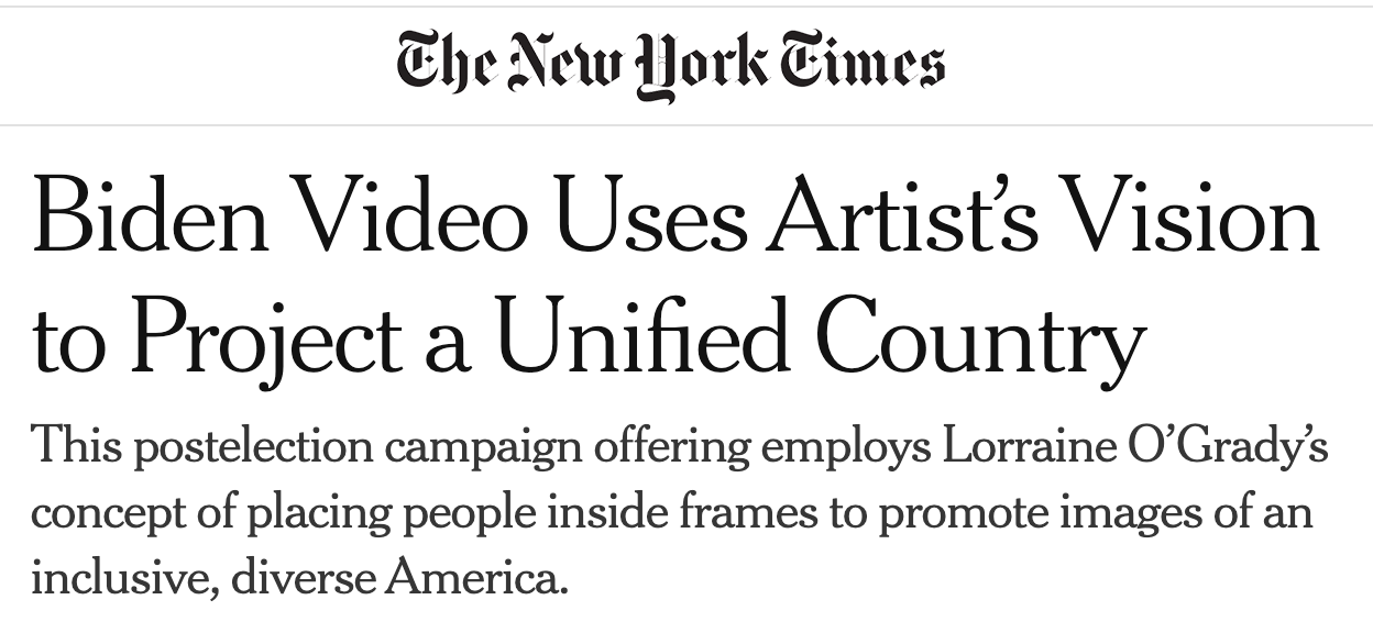 New York Times headline: Biden Video Uses Artist's Vision to Project a Unified Country. An article about a Biden 2020 video directed by Andrew Gauthier