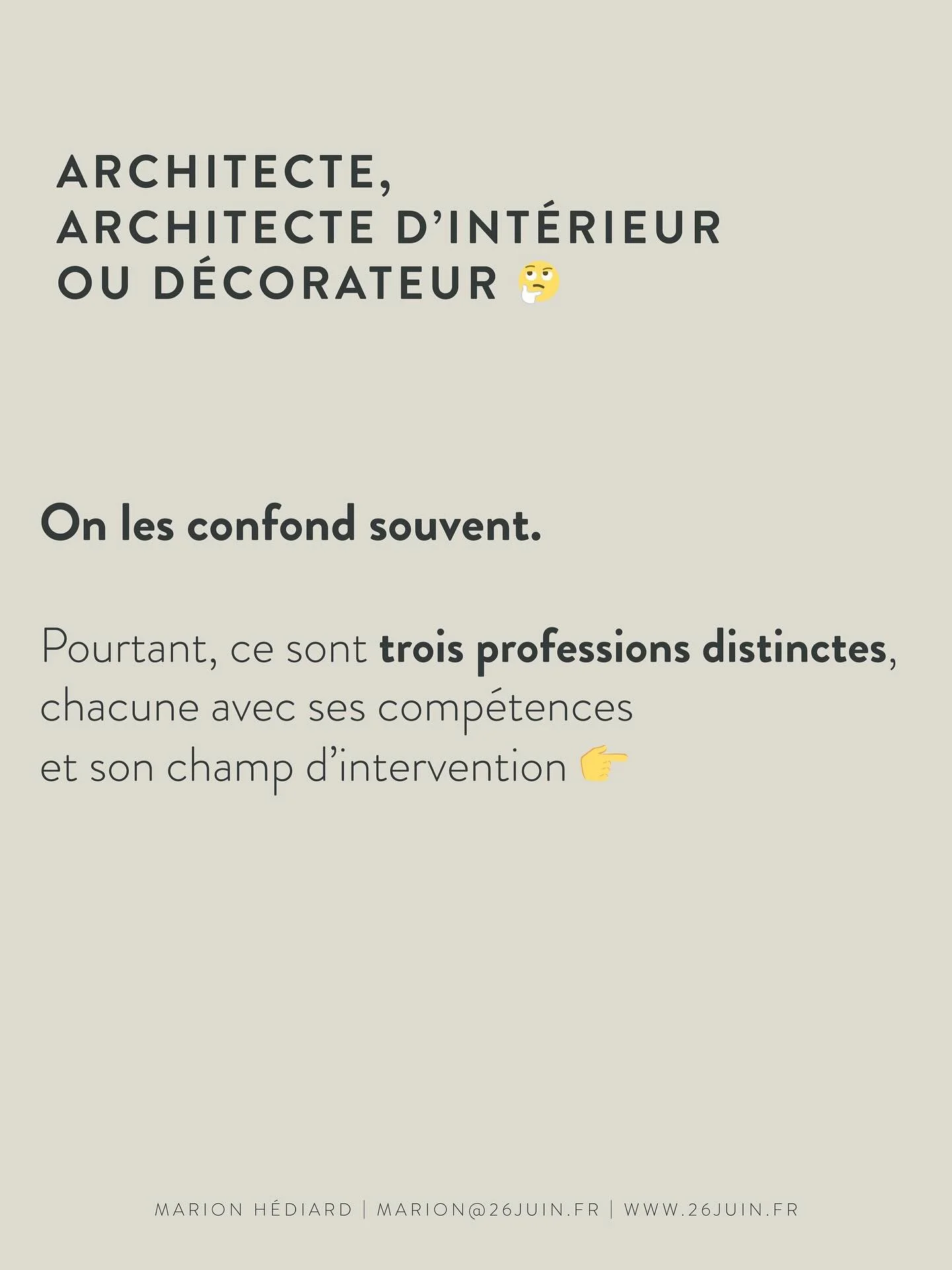 Architecte, Architecte d&rsquo;int&eacute;rieur, D&eacute;corateur : connaissez-vous vraiment la diff&eacute;rence ? 👀
.
On les confond souvent mais ce sont pourtant 3 m&eacute;tiers diff&eacute;rents, et surtout compl&eacute;mentaires 👇🏻
.
Dans c