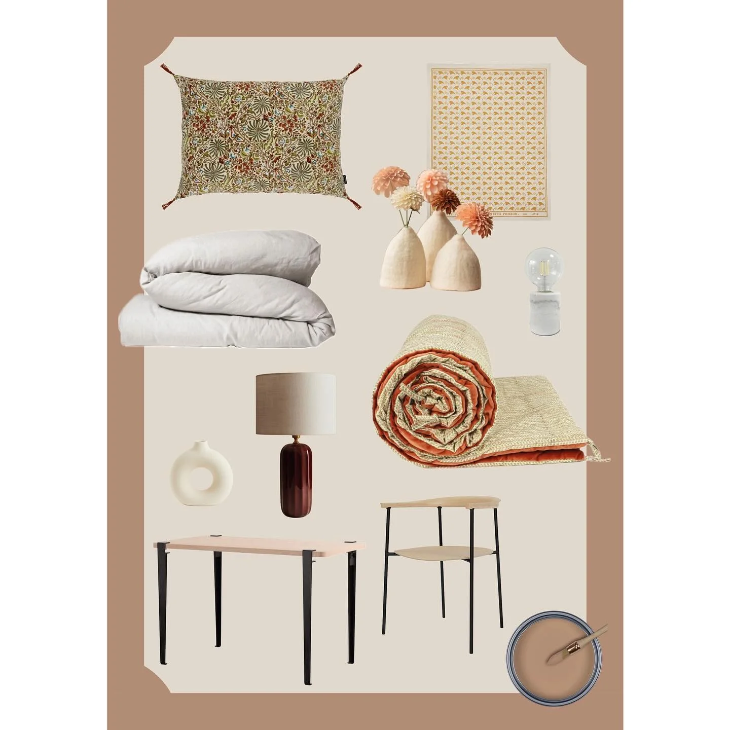 S&eacute;lection shopping - Inspirations et r&eacute;f&eacute;rences ✨
.
Quelques r&eacute;f&eacute;rences et inspirations qui matchent parfaitement avec cette chambre rose / marron glac&eacute; 
- Coussin et &eacute;dredon @caravane_paris 
- Affiche