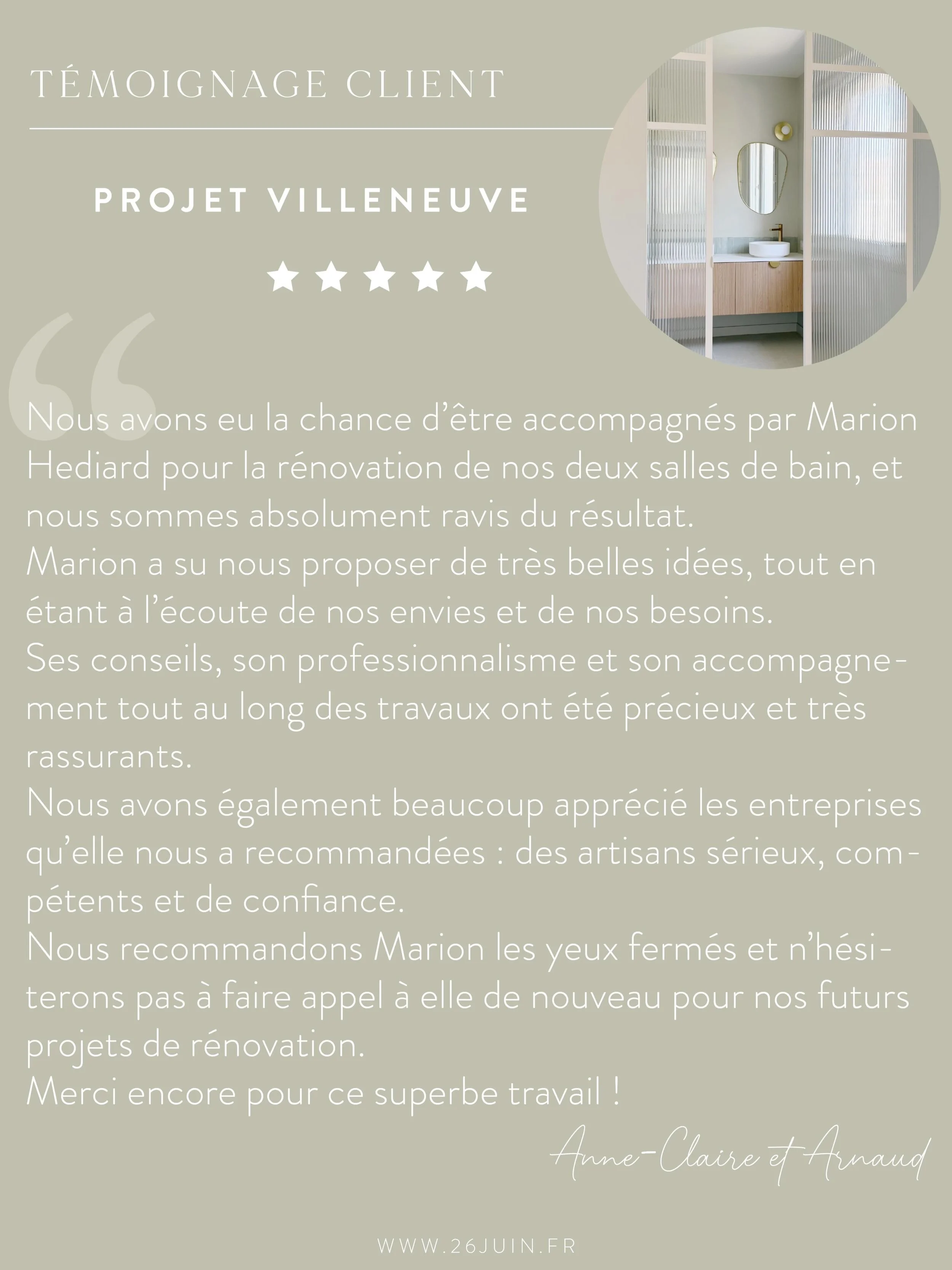 ✨ T&Eacute;MOIGNAGE ✨

Un beau t&eacute;moignage de mes clients pour le projet Villeneuve qui vient de s&rsquo;achever (et dont les photos arrivent tr&egrave;s bient&ocirc;t !).

J&rsquo;ai eu la chance d&rsquo;accompagner Anne-Claire et Arnaud dans 