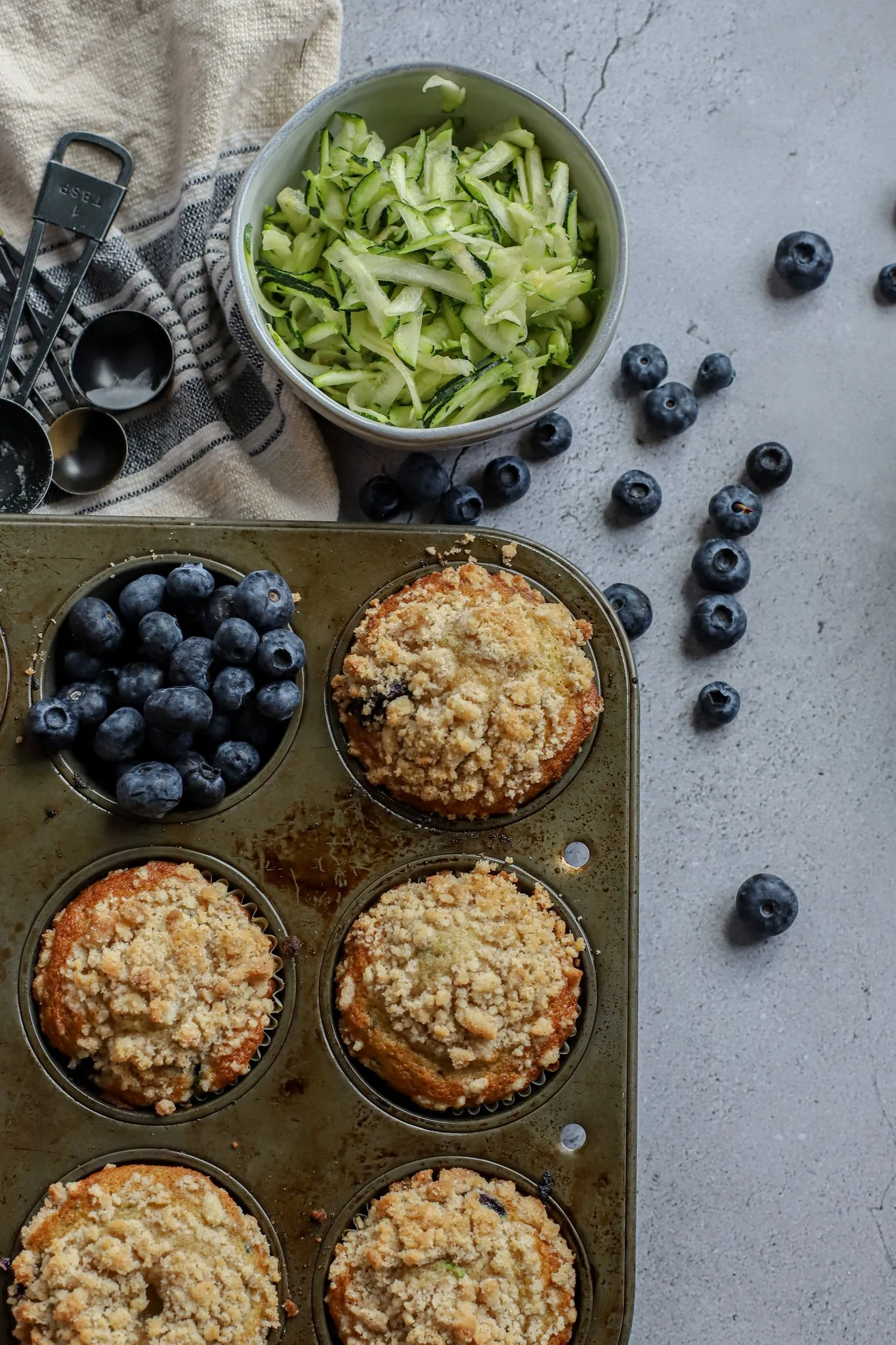 Zucchini Blueberry Muffins w/ Crumb Topping