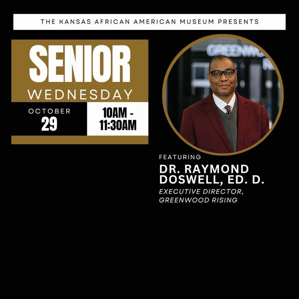 We’re pleased to announce that our Executive Director will be attending a special presentation in Wichita!
Join us at the Kansas African American Museum (601 N Water St., Wichita) for “Senior Wednesday: The Black Wall Street History Cent