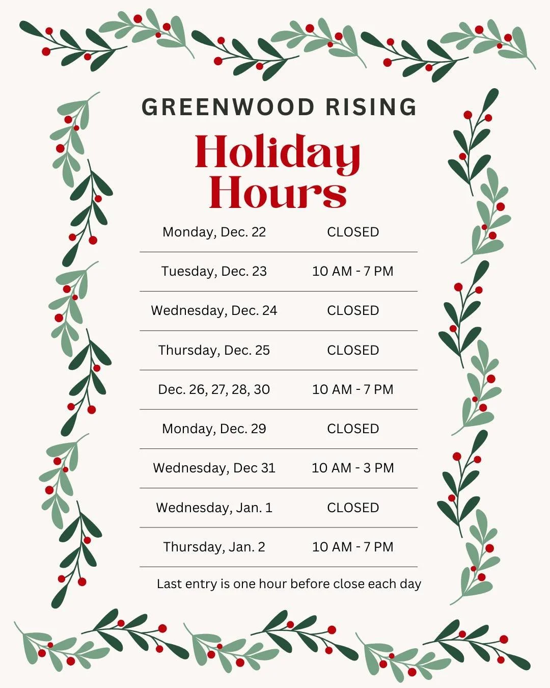 Holiday Hours at Greenwood Rising!!

As we move into the Christmas and New Year season, we want to thank you for your incredible support throughout the year. Your visits, shares, and love for history help us continue preserving the legacy of Greenwoo