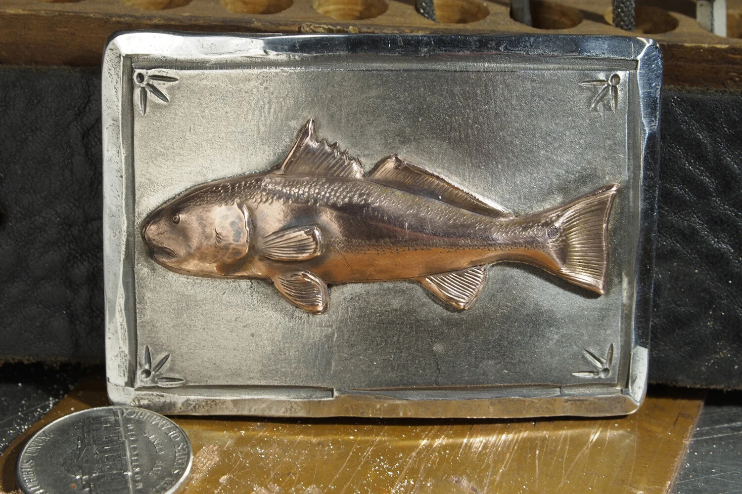Nice "Boardroom sized" Copper redfish on a 2.5" steel buckle with chiseled border and polished, hammered edges.