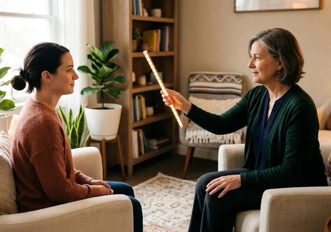 A therapy session with a woman holding a lighted therapy wand in front of another woman sitting on a sofa, in a cozy living room with bookshelves and plants.