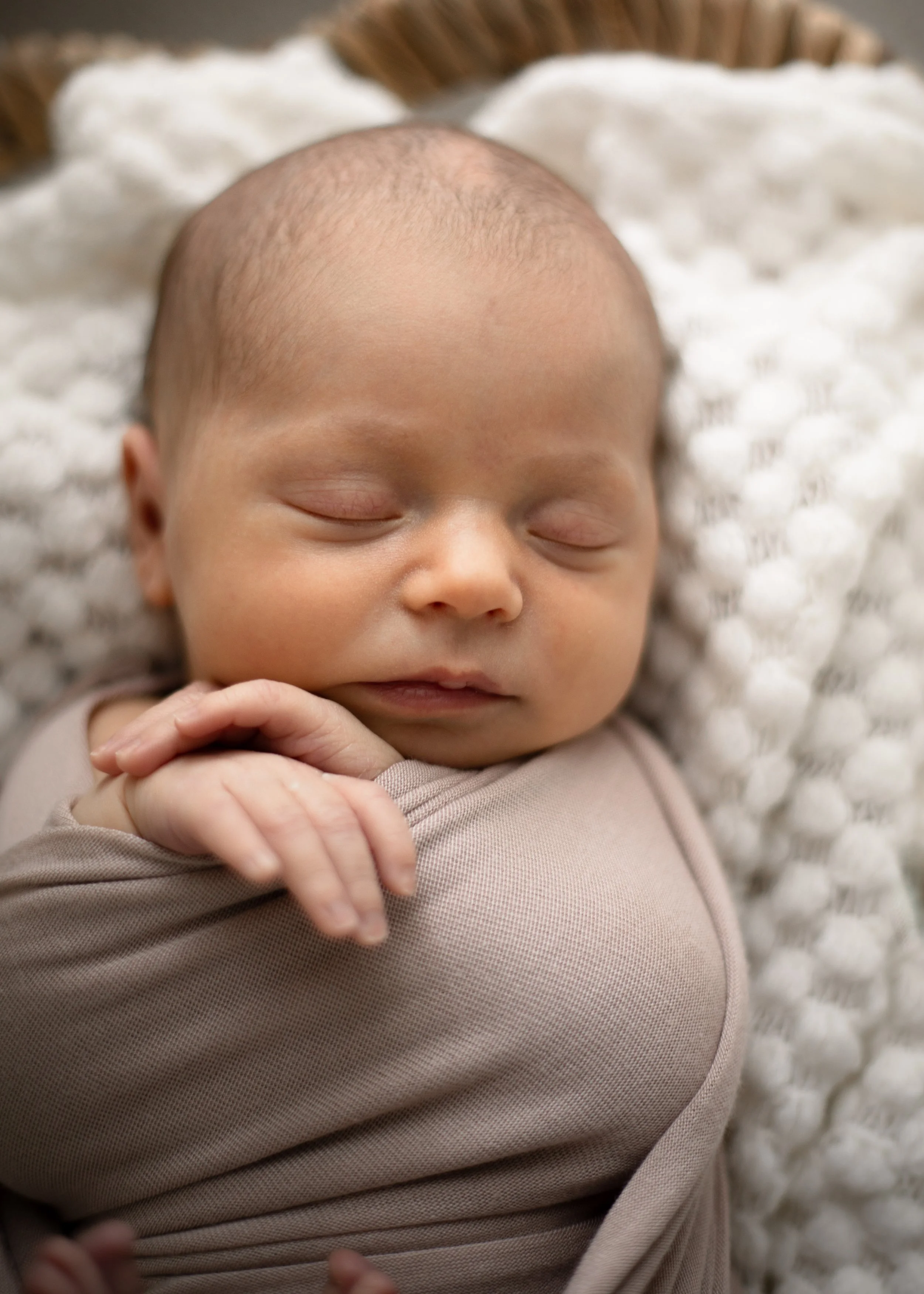Sleeping newborn gently posed by Vancouver Newborn Photographers