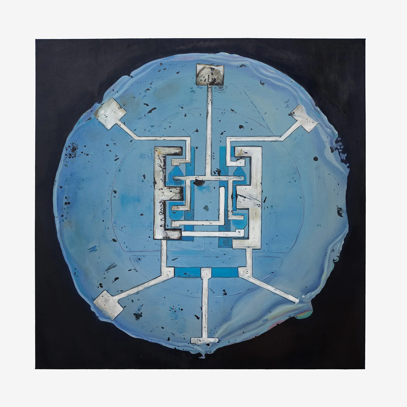   Logic Circuit , 2022 Oil on linen 76 x 76 cm (36 x 36 in)  Digital computers rely on the simple principle of manipulating on and off signals to implement logic functions. Mechanical devices, electromagnetic relays, vacuum tubes, transistors, and in