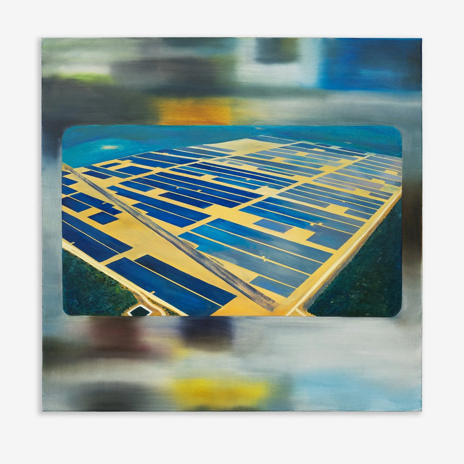   Solar Farm , 2022 Oil on linen 76 x 76 cm (30 x 30 in)  Combining a bird’s-eye view with the digital screen display, the artist pays close attention to environmental changes and clean energy developments in  Solar Farm  (2022). In reference to a sc