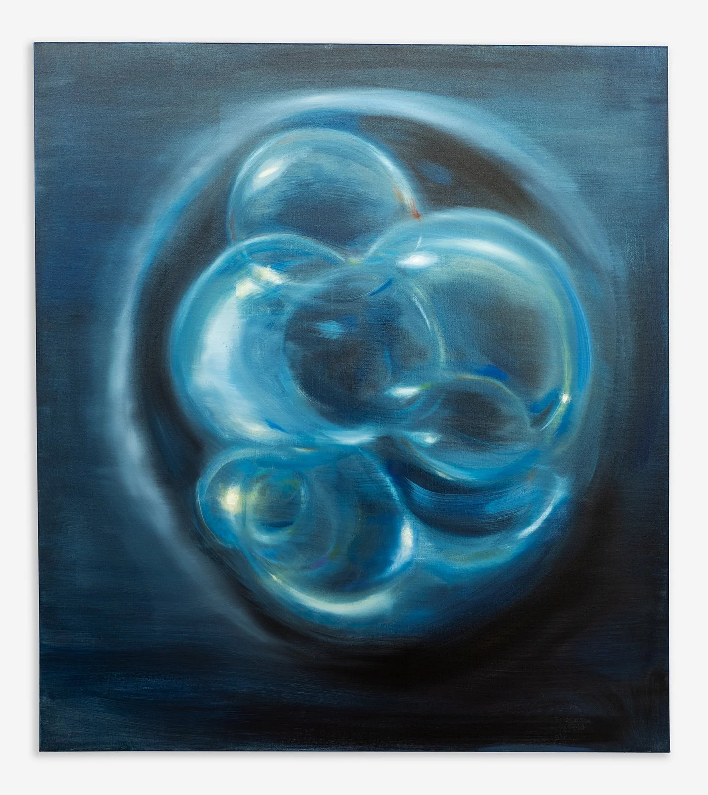   Embryo , 2022 Oil on linen 102 x 91 cm (40 x 36 in)   Embryo  (2022) continues the inquiry into stages of fertilization and embryonic development. Enabled by current imaging technologies, the embryo is visualized here to inspire reflection on the o