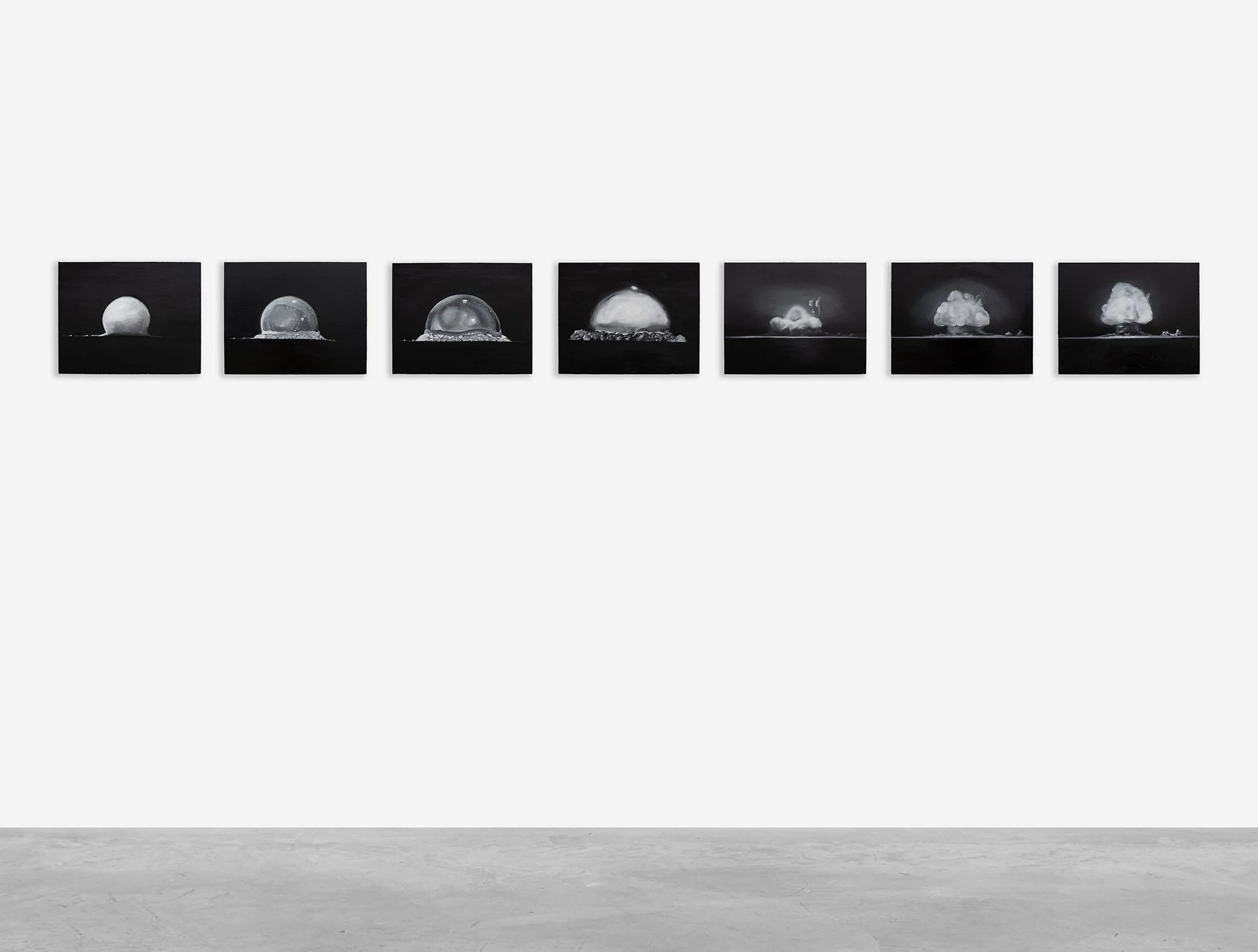   TRINITY TESTING , 2020 Oil on linen In 7 parts, each: 28 x 36 cm (11 x 14 in) Overall: 28 x 252 cm (11 x 98 in)  The loud event of Trinity testing in New Mexico in 1945 declared the advent of the “Atomic Age.” The nuclear bombs — variously cheered,
