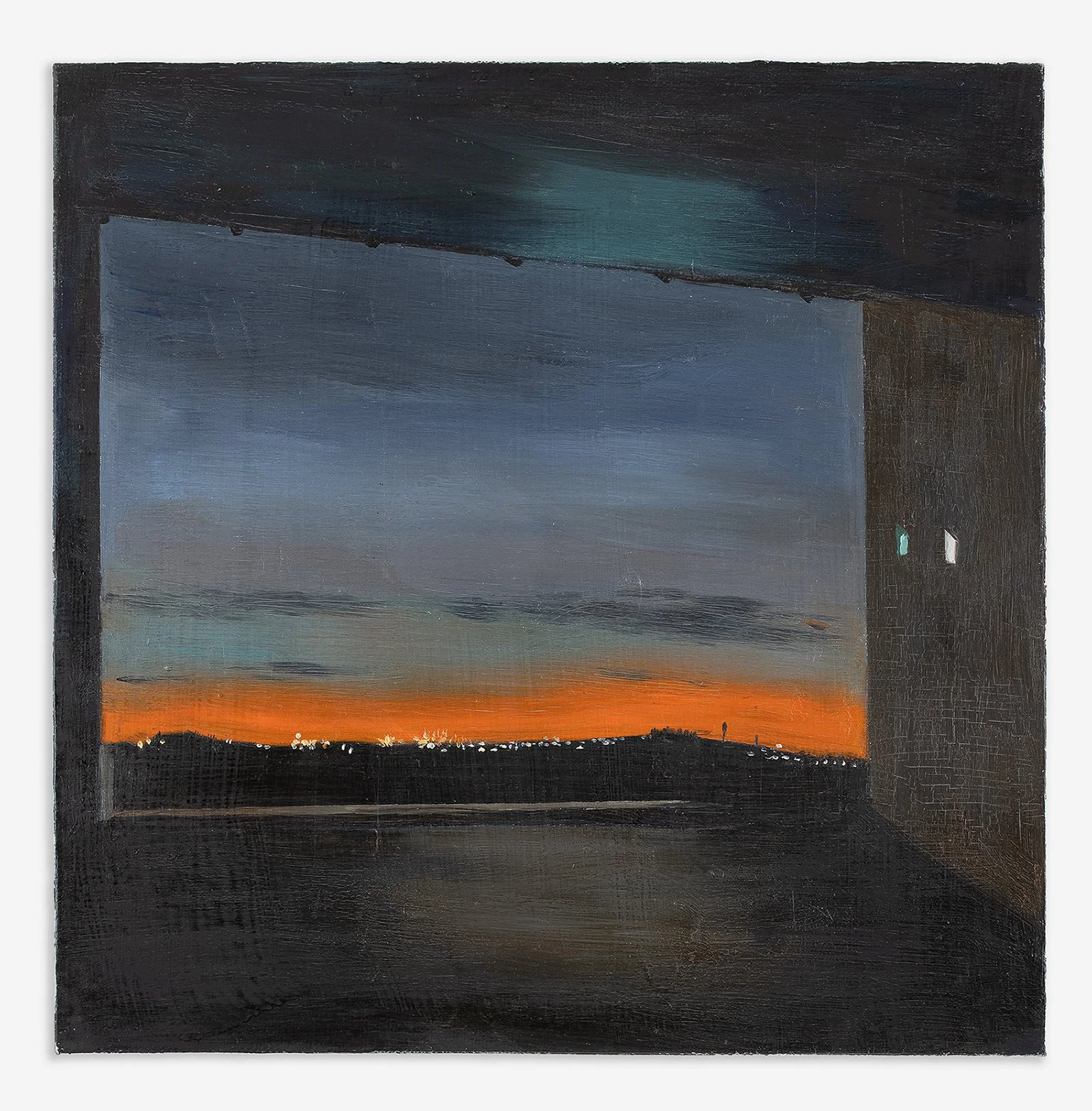   Sunset , 2021 Oil on canvas 31 x 31 cm (12 x 12 in)   Sunset  (2021) depicts a sunset scene near the artist's studio, and is based on a photograph overlooking the East River in downtown Manhattan, taken by the artist. The lights on the wall resonat