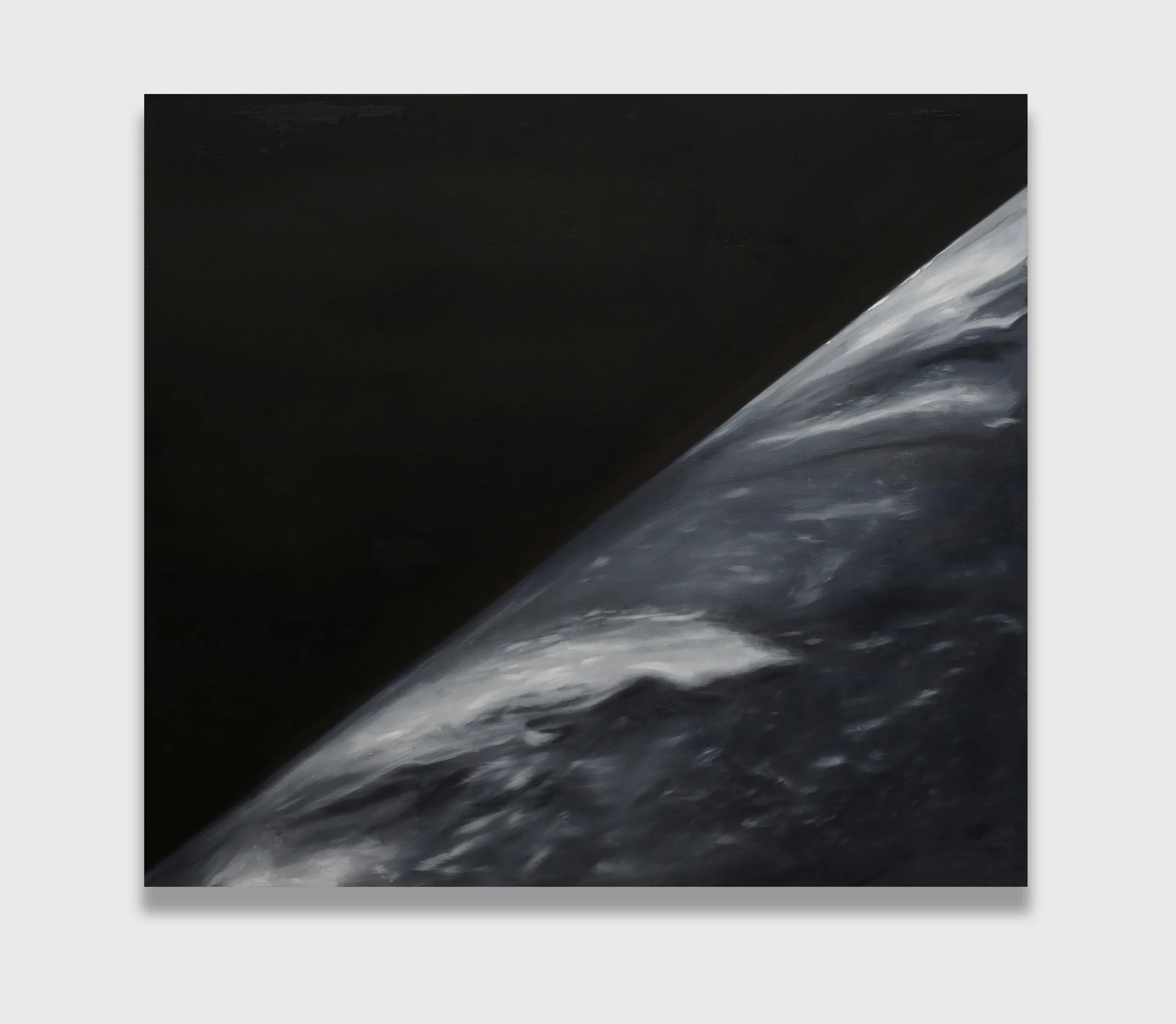   Peek , 2021 Oil on linen 91 x 102 cm (36 x 40 in)   Peek  (2021) is reminiscent of the first photographs taken from space. On October 24, 1946, the V-2 No. 13 rocket was launched at the White Sands Missile Range in White Sands, New Mexico, reaching