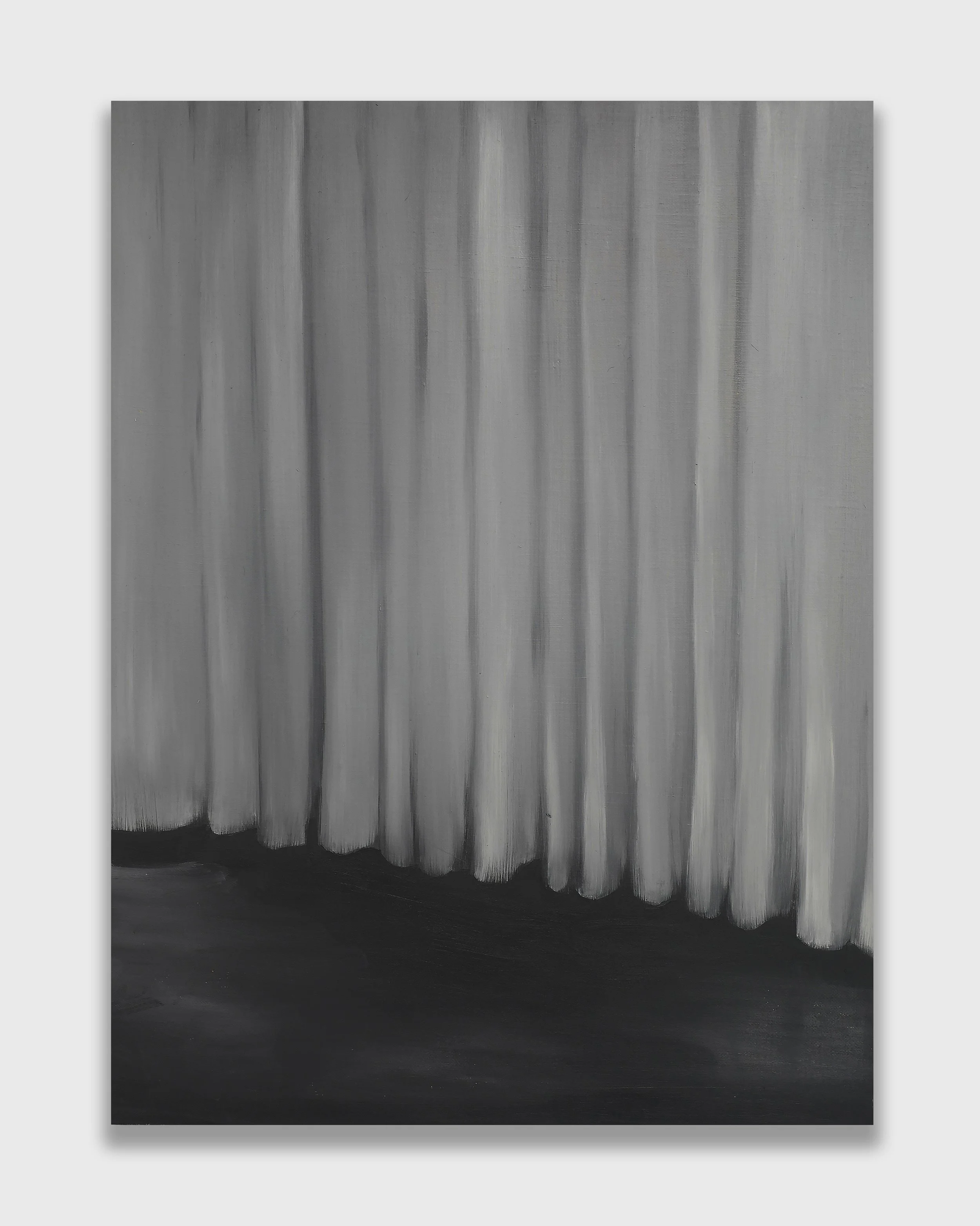   Stage , 2021 Oil on linen 61 x 46 cm (24 x 18 in)  The performative nature of everyday life, and in anticipation of what is to come,  Stage  (2021) replicates a photograph taken by the artist of a theater curtain. Nostalgic for the early entertainm