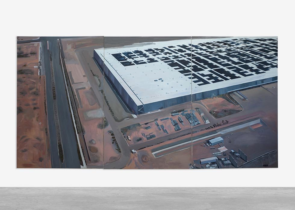   Memory , 2019 Oil on linen In three parts, each: 183 x 122 cm (72 x 48 in) Overall: 183 x 366 cm (72 x 144 in)  " Memory " (2019), a satellite's eye view of the Mesa, Arizona Data Center. which includes data from global user applications such as iM