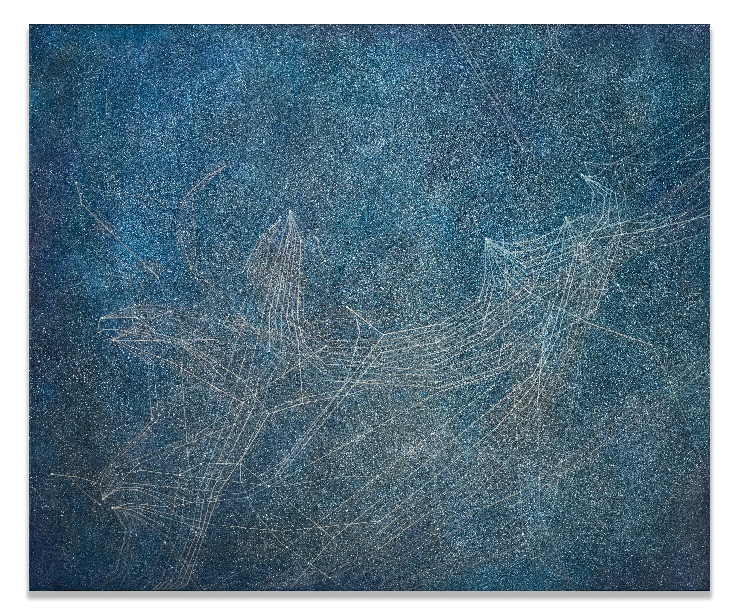   Submarine Networks 01  ,  2024 Oil and acrylic on linen 150 x 180 cm ( 59 x 71 in)  " Submarine Networks " explores the hidden world of submarine cable networks, which serve as the backbone of global communication. Approximately 97% of internationa