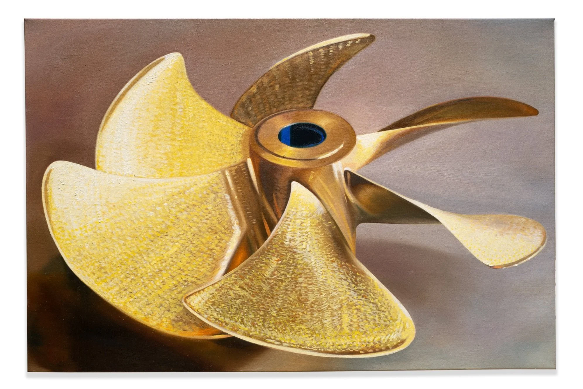   The Wave 03 , 2024 Oil on linen 51 x 77 cm (20 x 30 in)  " The Wave " series intricately explores the mechanics and profound implications of propeller technology. Through her artistic portrayal, the artist delves into the intricate and often unseen