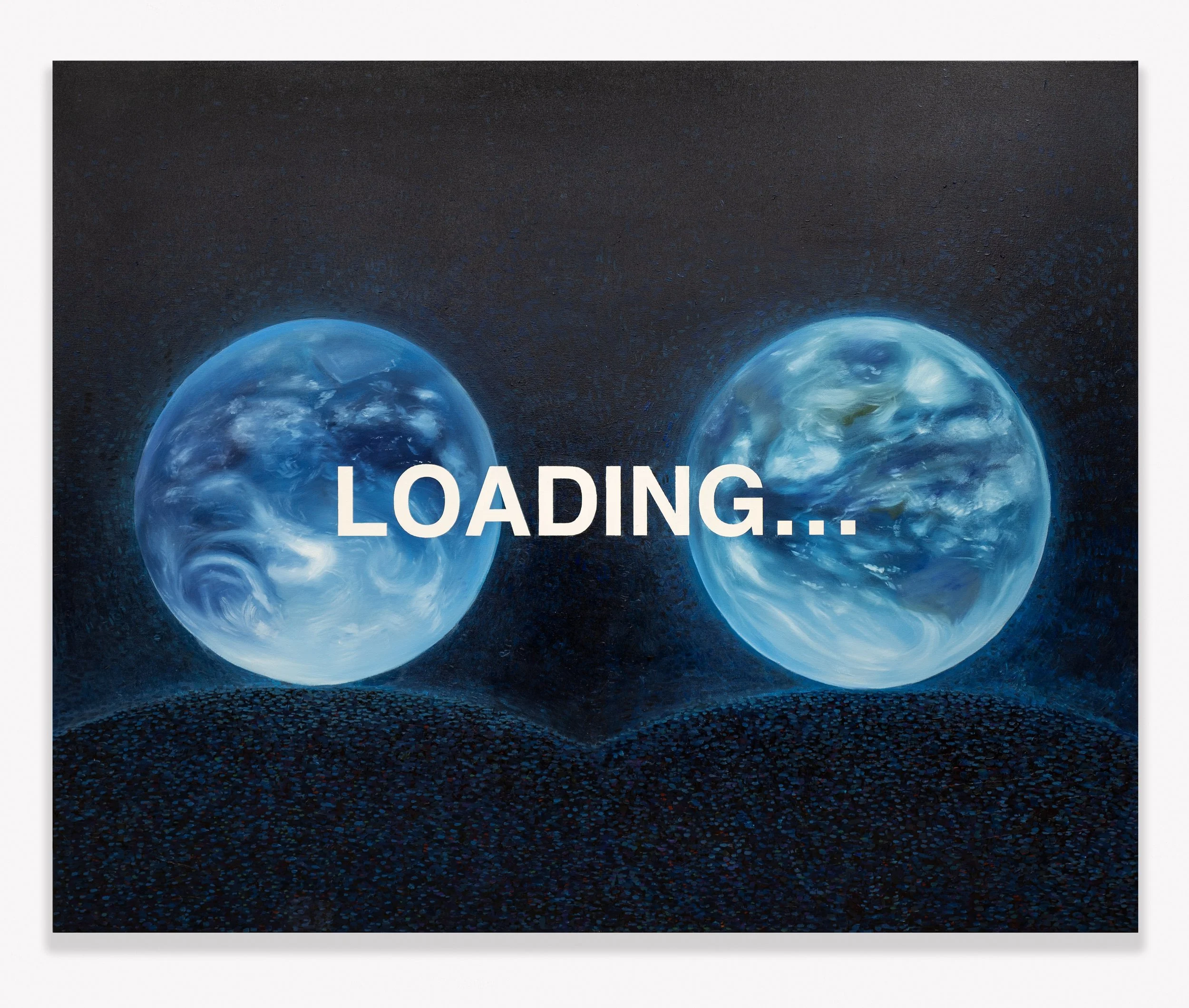   LOADING...,  2019 Oil on canvas 122 x 152 cm (48 x 60 in)  " LOADING ..." explores the digital imagery of Earth's satellite views as depicted on the opening screen of the WeChat app. This work delves into the ephemeral nature of splash screens, whi