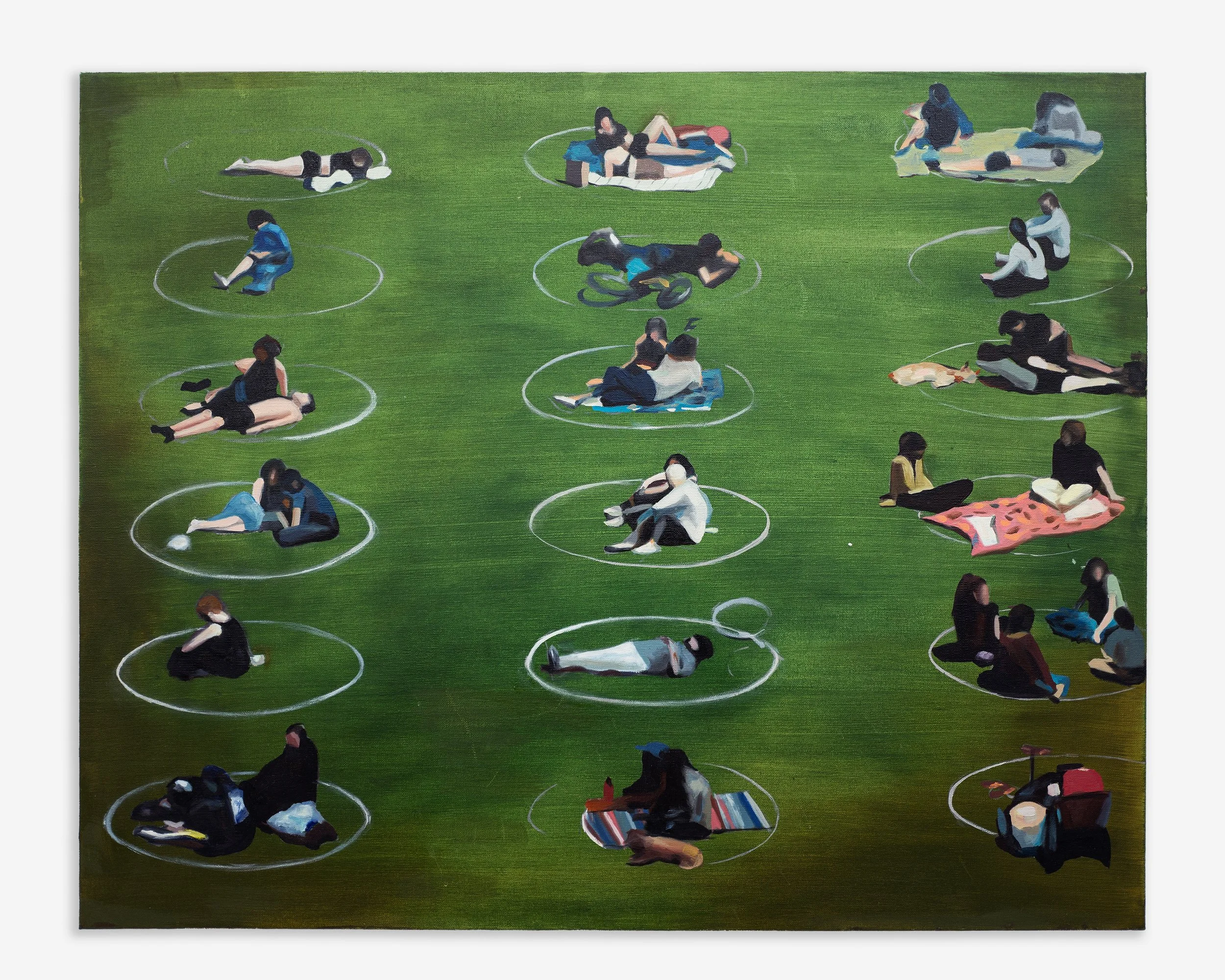   A Sunday Afternoon in the Park , 2022 Oil on linen 61 x 76 cm (24 x 30 in)   A Sunday Afternoon in the Park  (2022) creates a conversation around utopic ideologies of control and function. It documents the current issues of today's experience of st